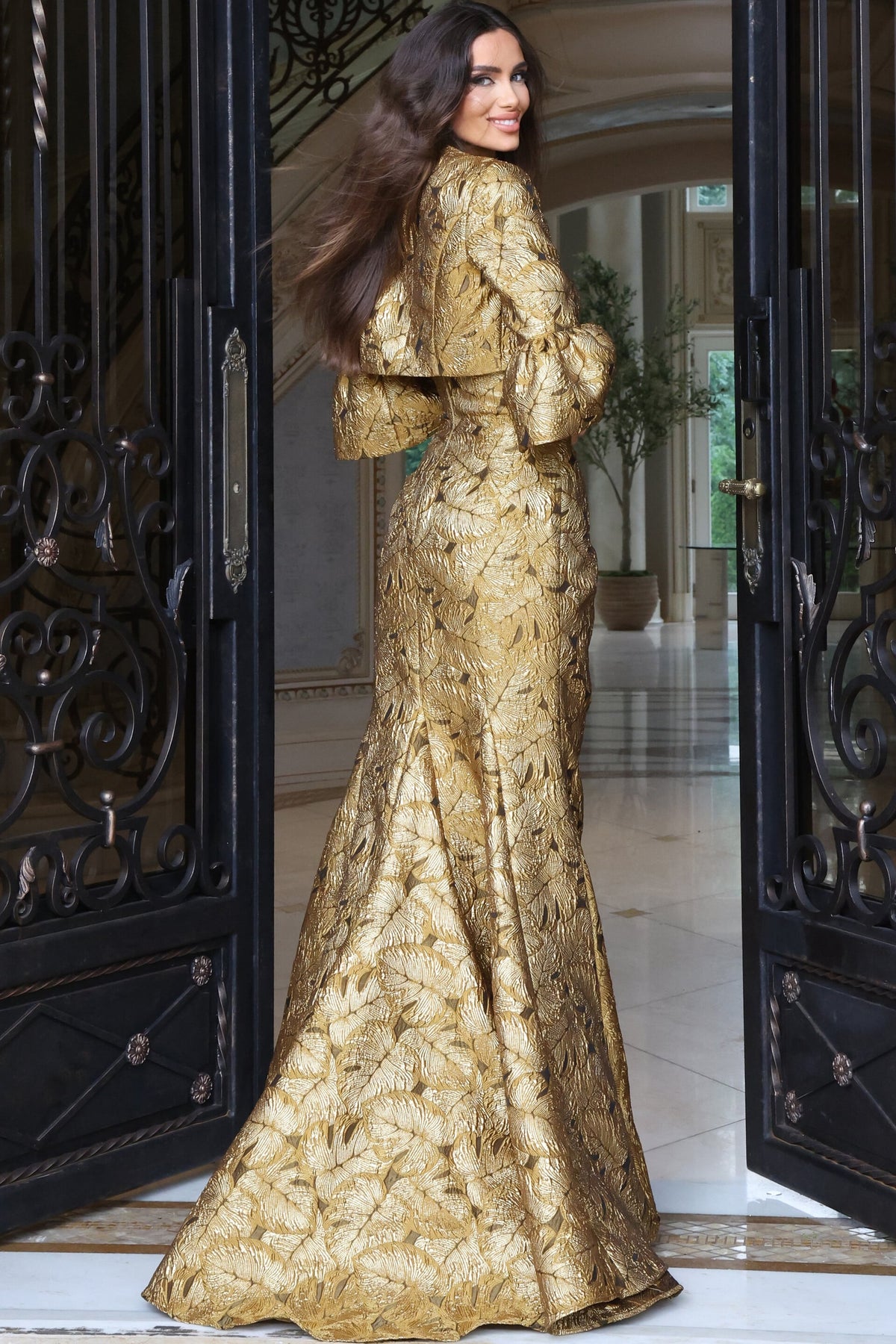 Jovani Evening Dress Jovani 51653 Gold Jacquard Evening Gown With Square Neckline