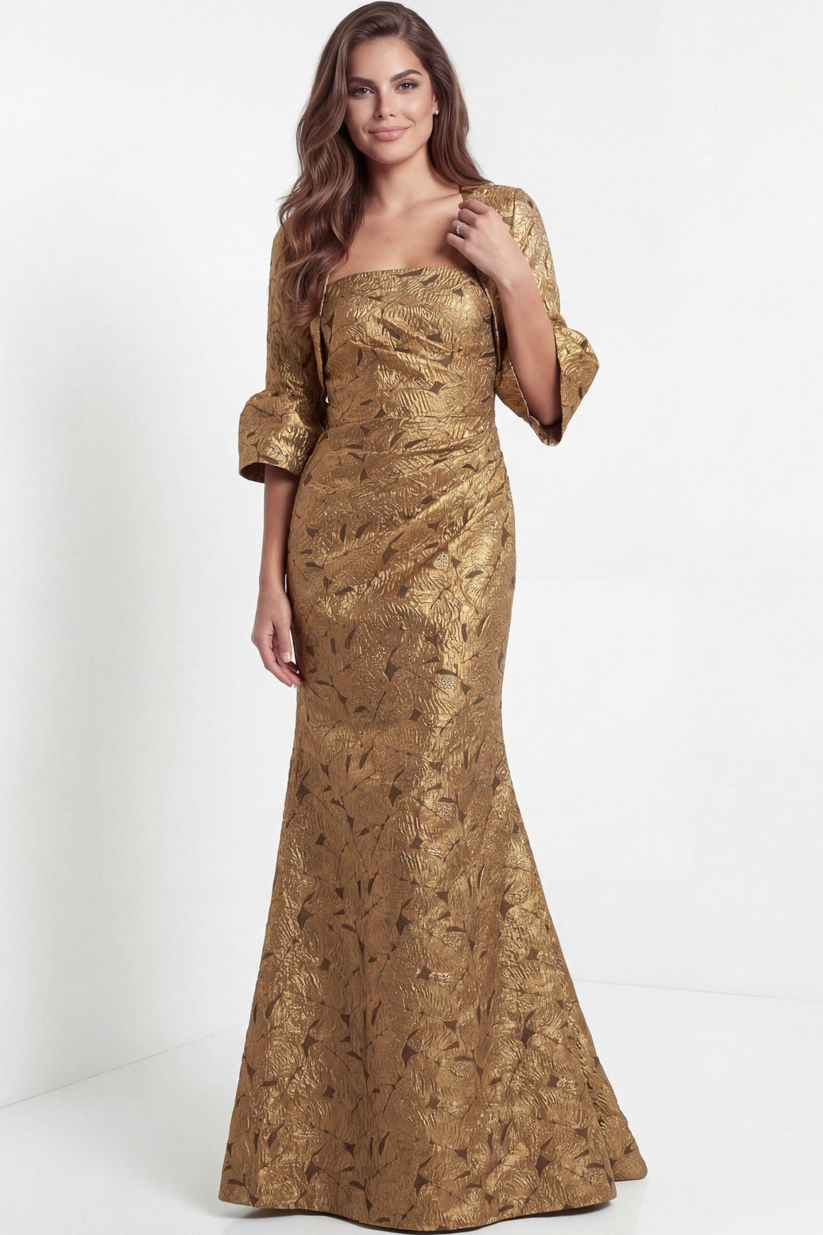 Jovani Evening Dress Jovani 51653 Gold Jacquard Evening Gown With Square Neckline