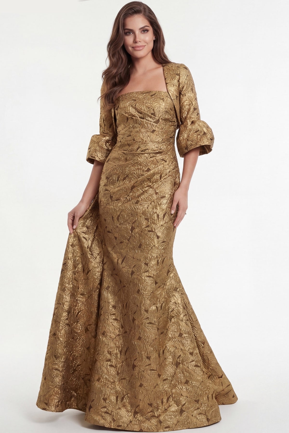 Jovani Evening Dress Jovani 51653 Gold Jacquard Evening Gown With Square Neckline