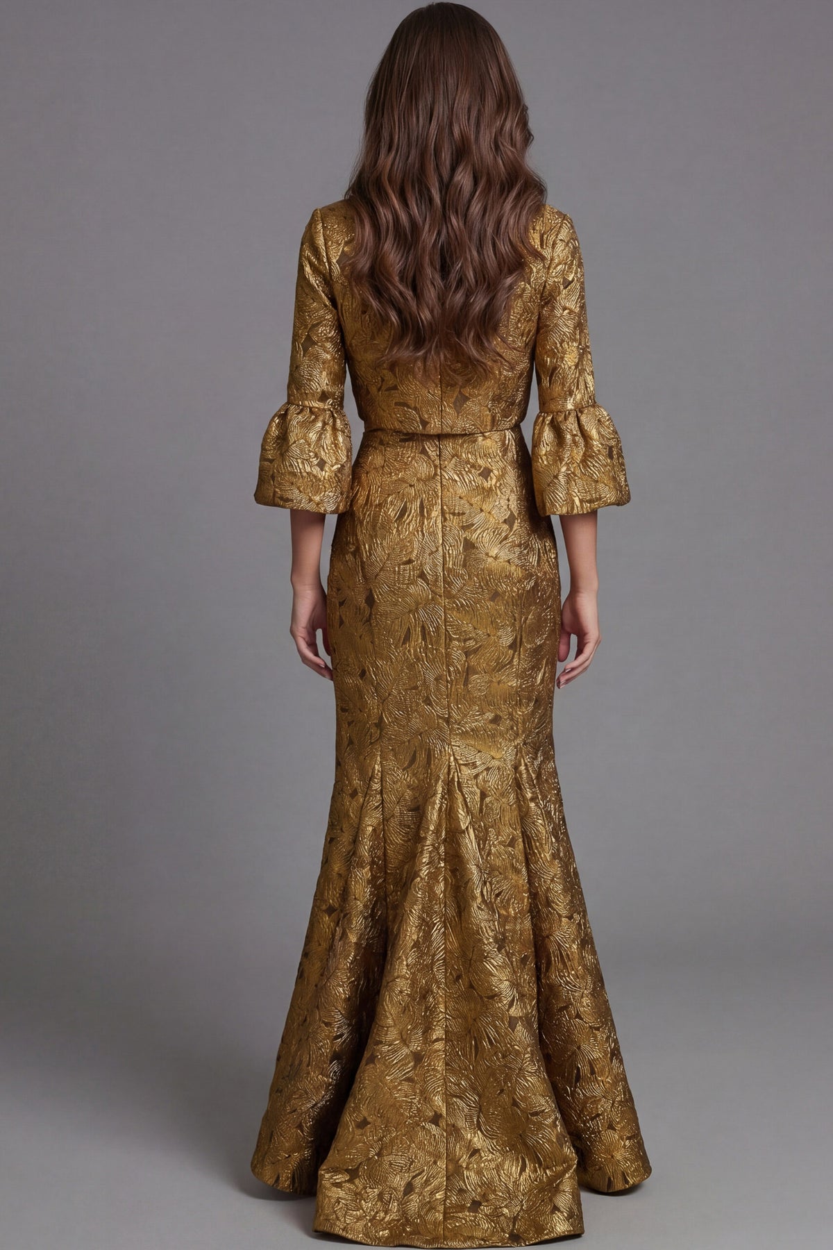 Jovani Evening Dress Jovani 51653 Gold Jacquard Evening Gown With Square Neckline