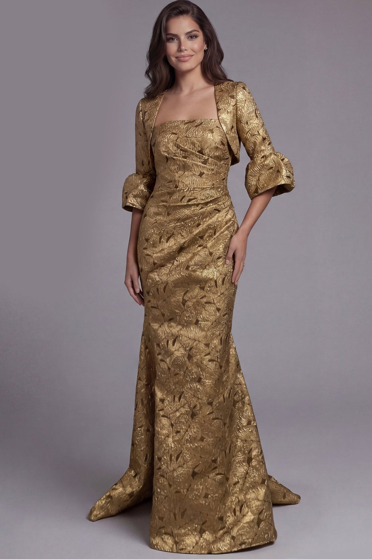 Jovani Evening Dress Jovani 51653 Gold Jacquard Evening Gown With Square Neckline