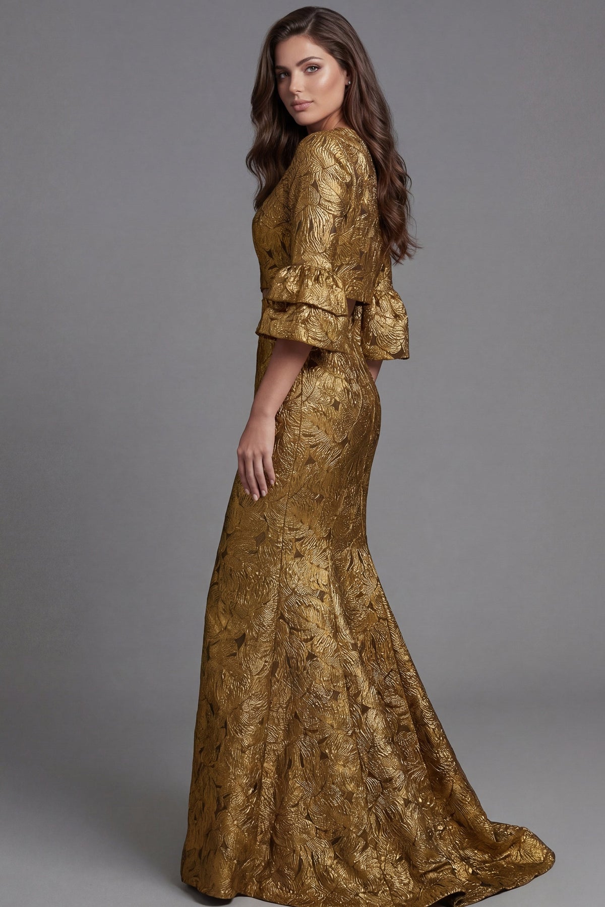 Jovani Evening Dress Jovani 51653 Gold Jacquard Evening Gown With Square Neckline