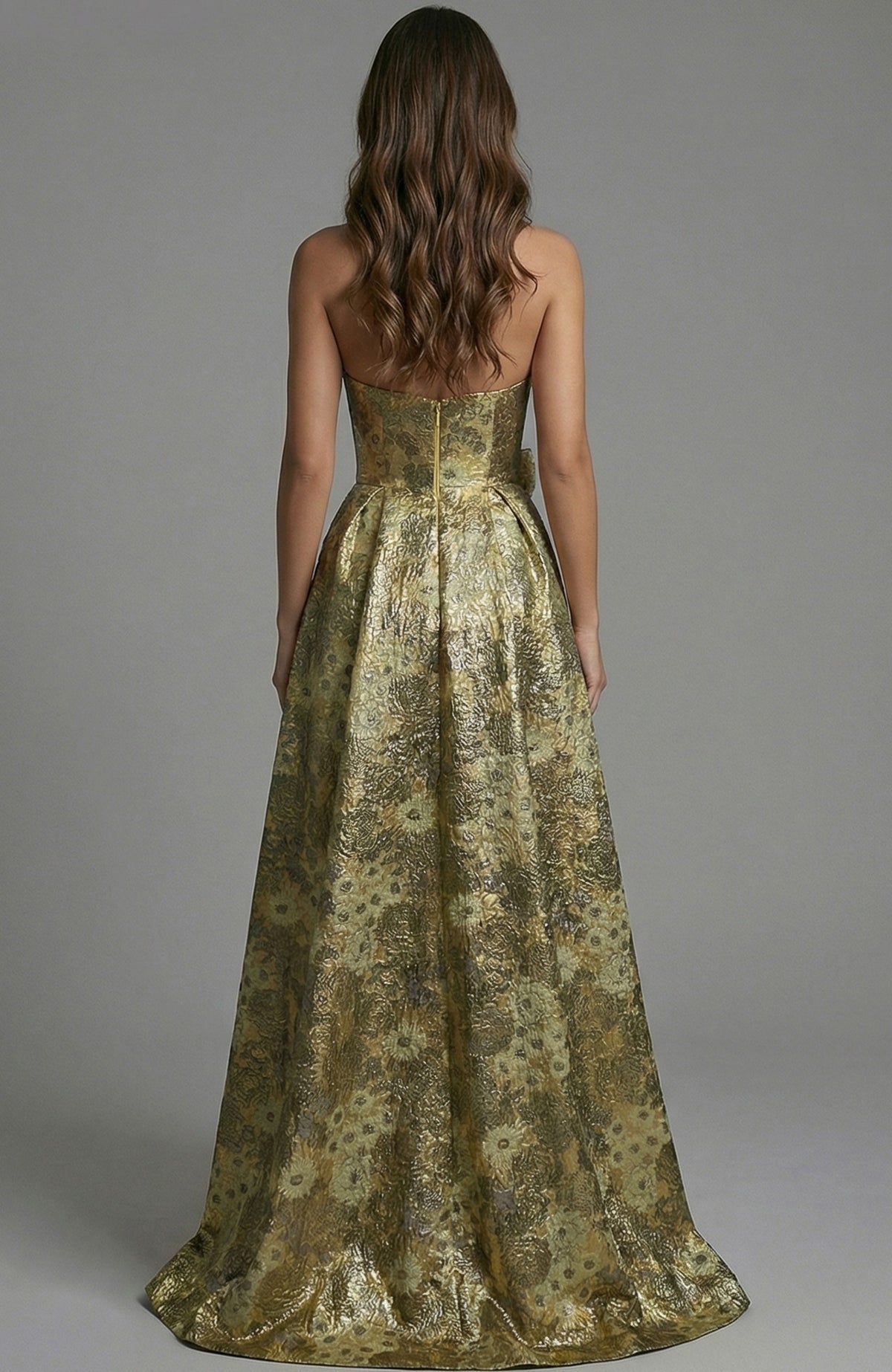 Jovani Evening Dress Jovani 51692 Strapless Jacquard Gown With Floral Waist Detail