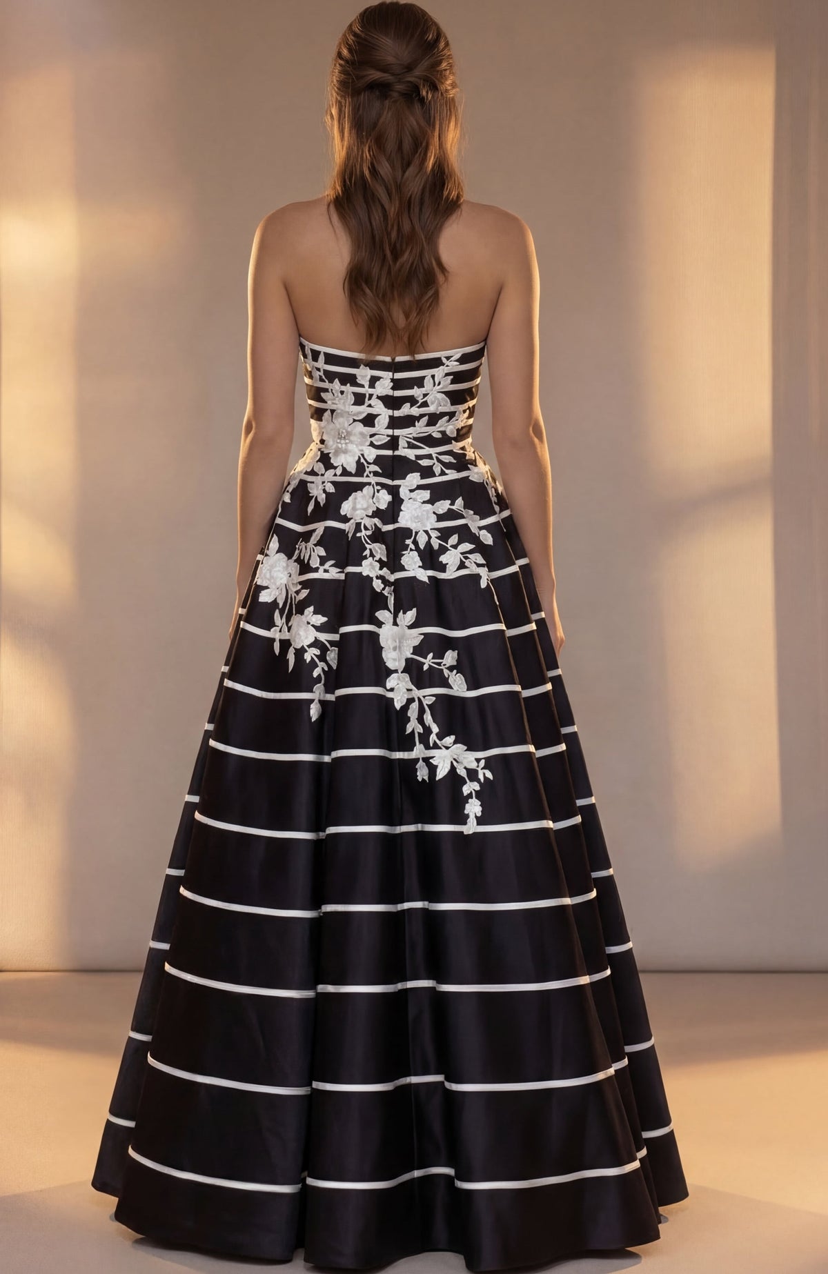 Jovani Evening Dress Jovani 51727 Strapless Floral Applique Striped Ball Gown