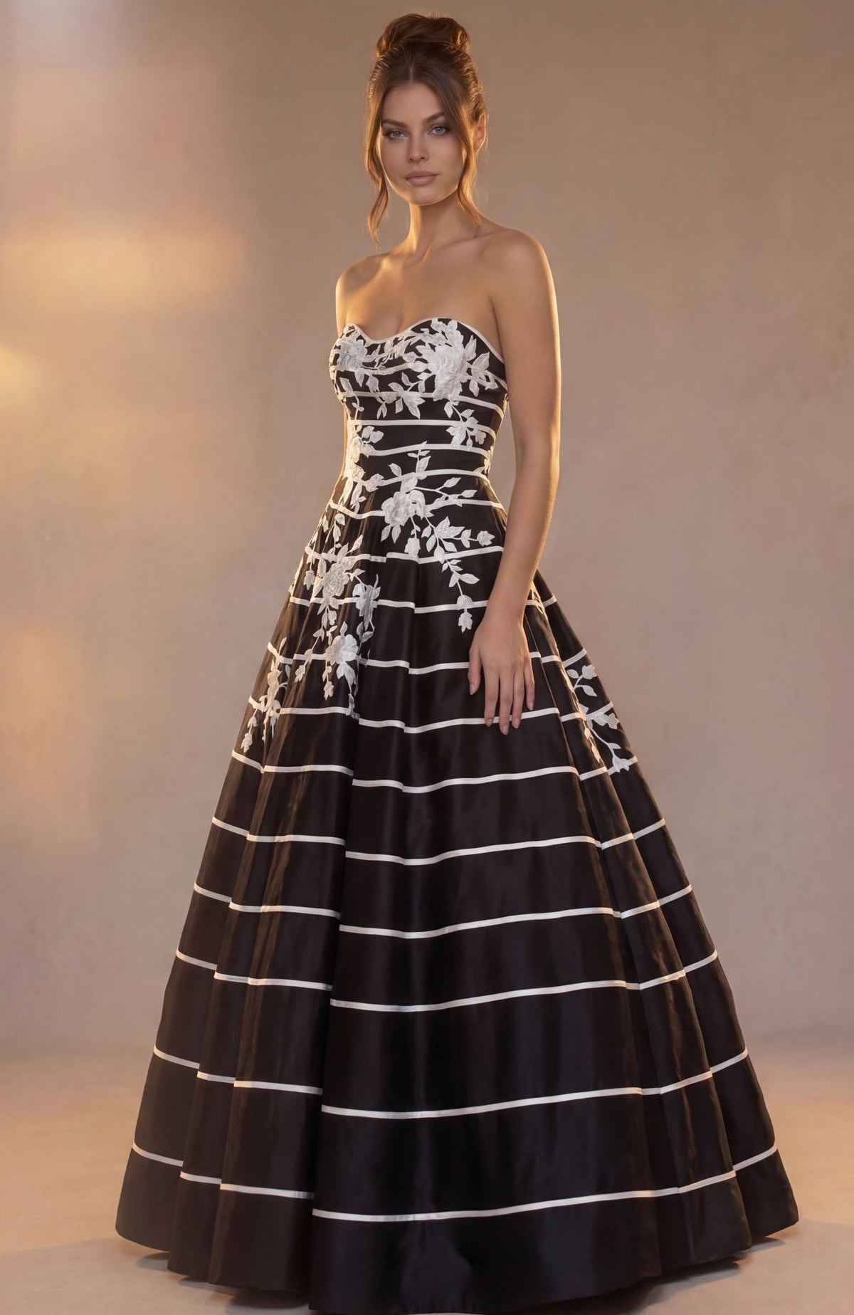 Jovani Evening Dress Jovani 51727 Strapless Floral Applique Striped Ball Gown