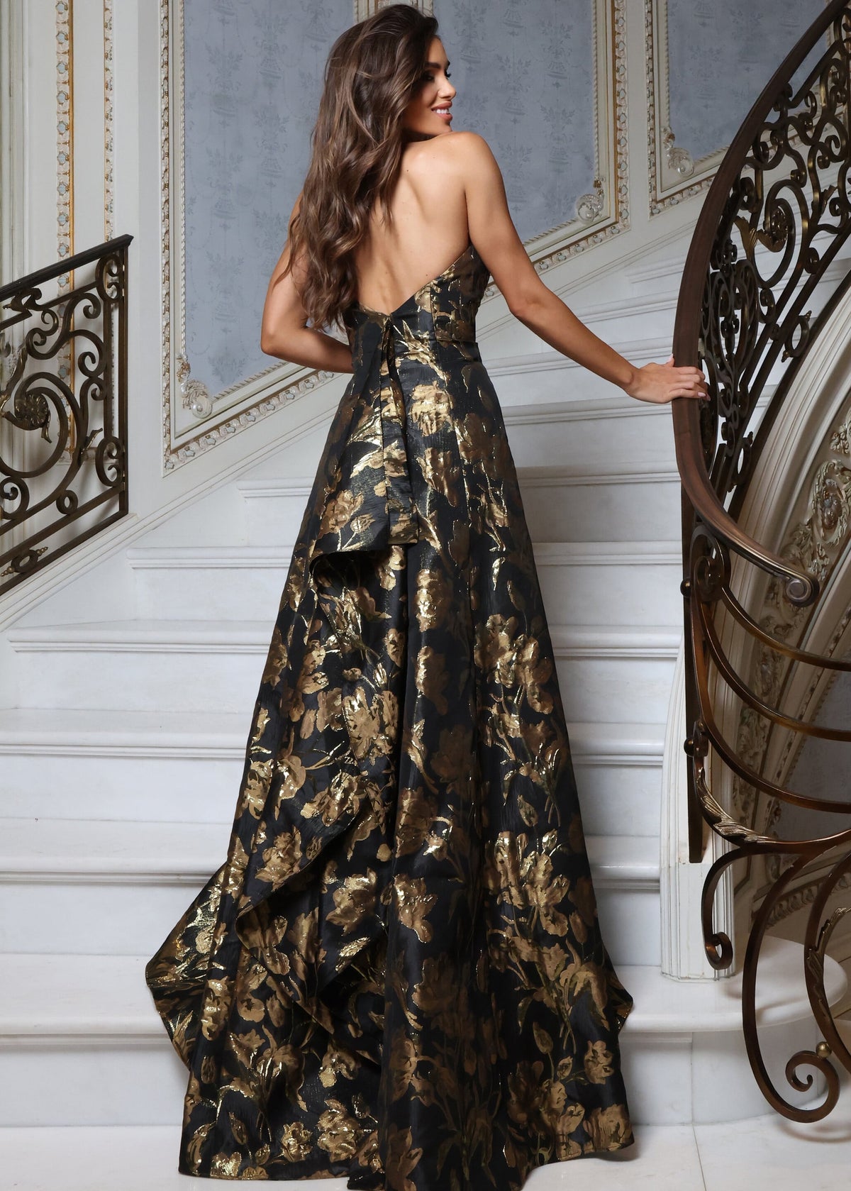 Jovani Evening Dress Jovani 51904 Black & Gold Floral Strapless A-Line Gown
