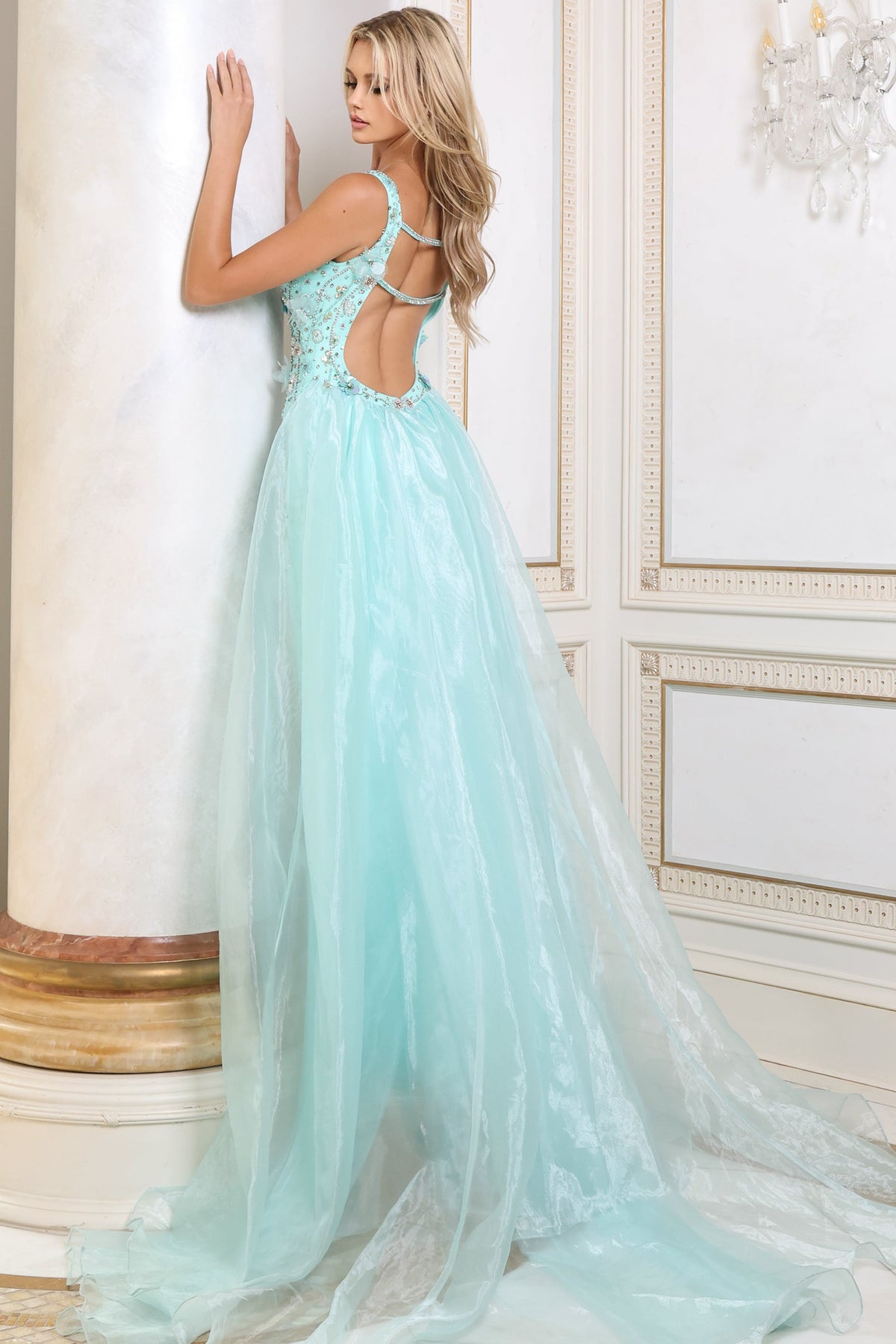 Jovani Evening Dress Jovani 51918 Beaded 3D Flowers Sheer Train Dress