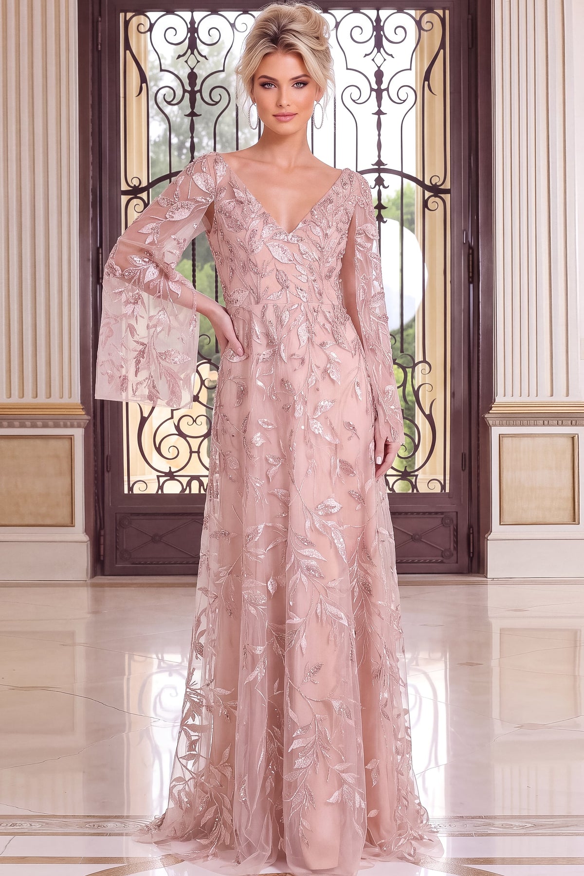 Jovani Evening Dress Jovani 52015 Pink V-Neck Cape Sleeves A Line Gown