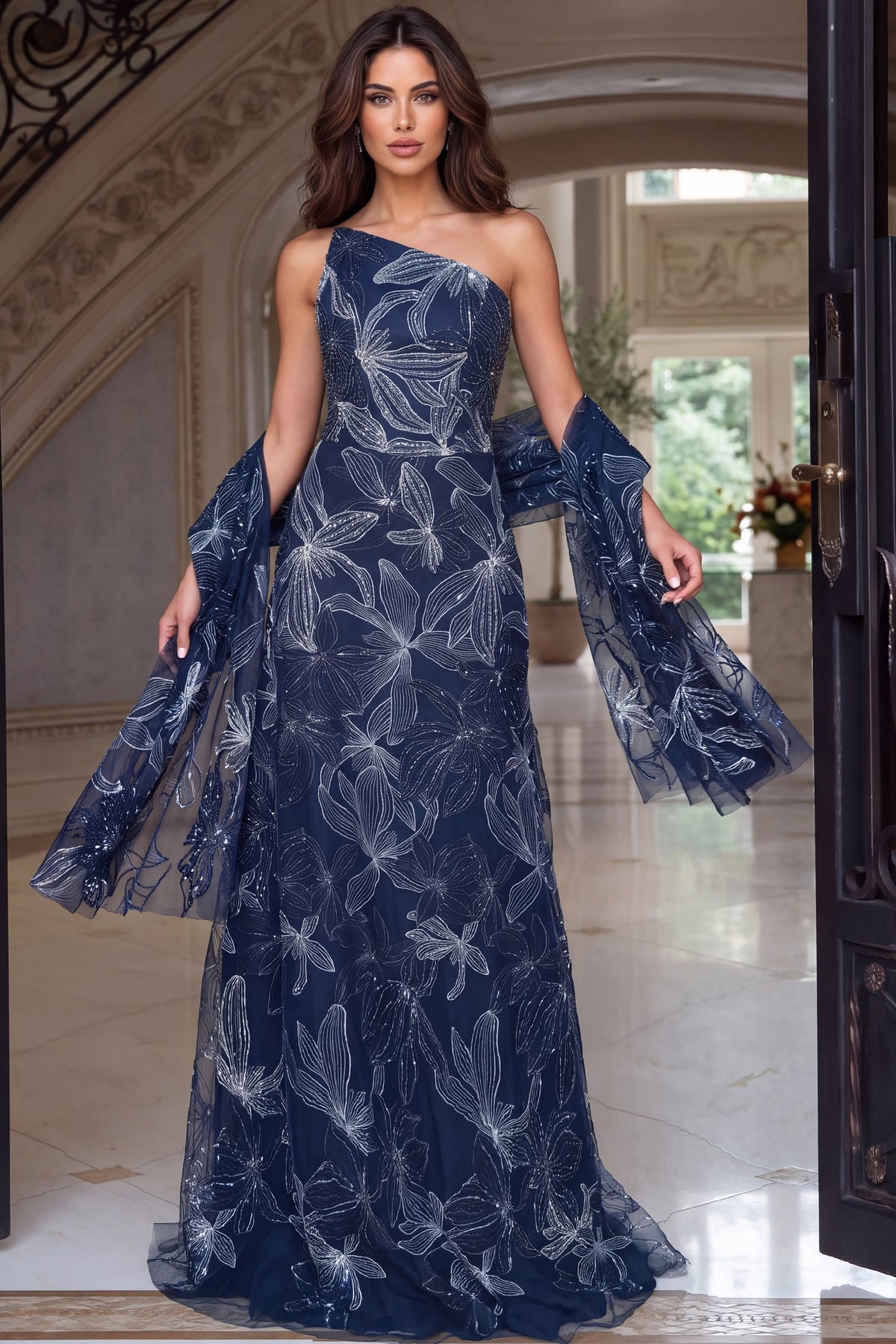 Jovani Evening Dress Jovani 52024 One Shoulder Embroidered Floral Tulle Gown