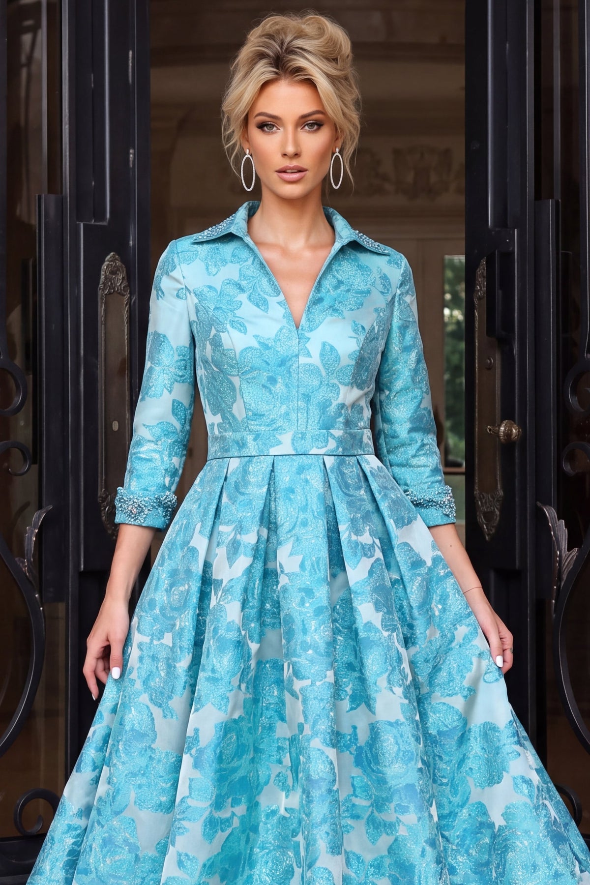 Jovani Evening Dress Jovani 52089 Aqua Floral Brocade Long Sleeve Collared A Line Gown