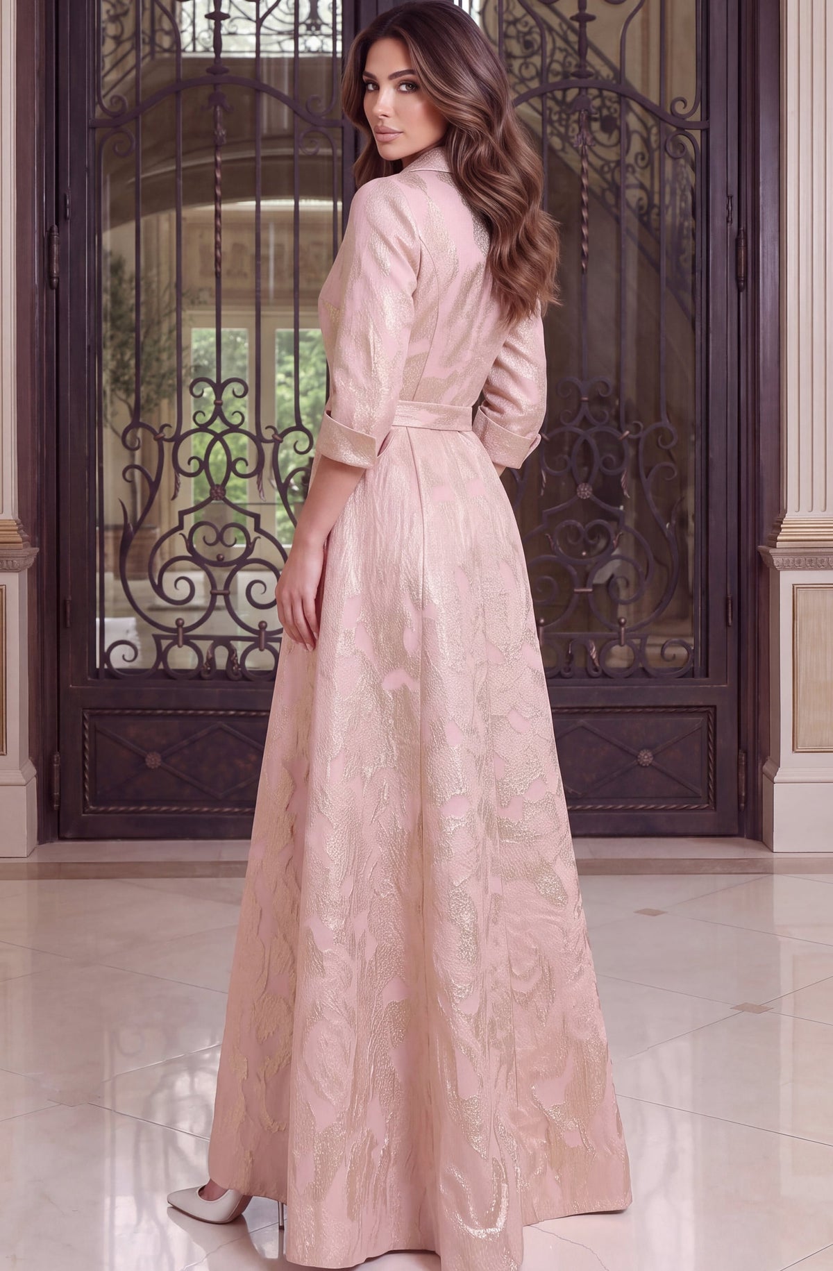 Jovani Evening Dress Jovani 52090 Collared Brocade Shirt Gown With Crystal Buttons