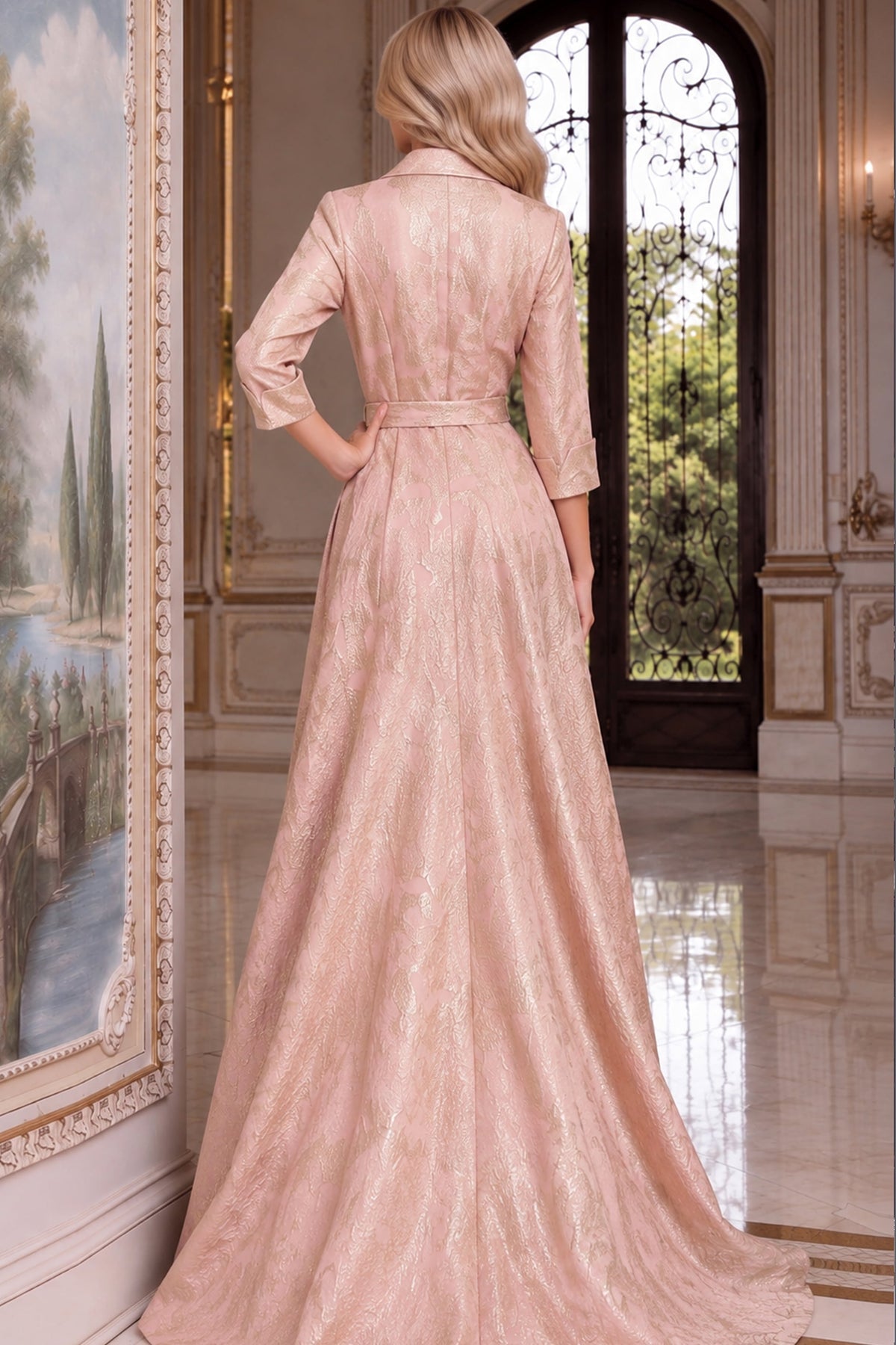 Jovani Evening Dress Jovani 52090 Collared Brocade Shirt Gown With Crystal Buttons