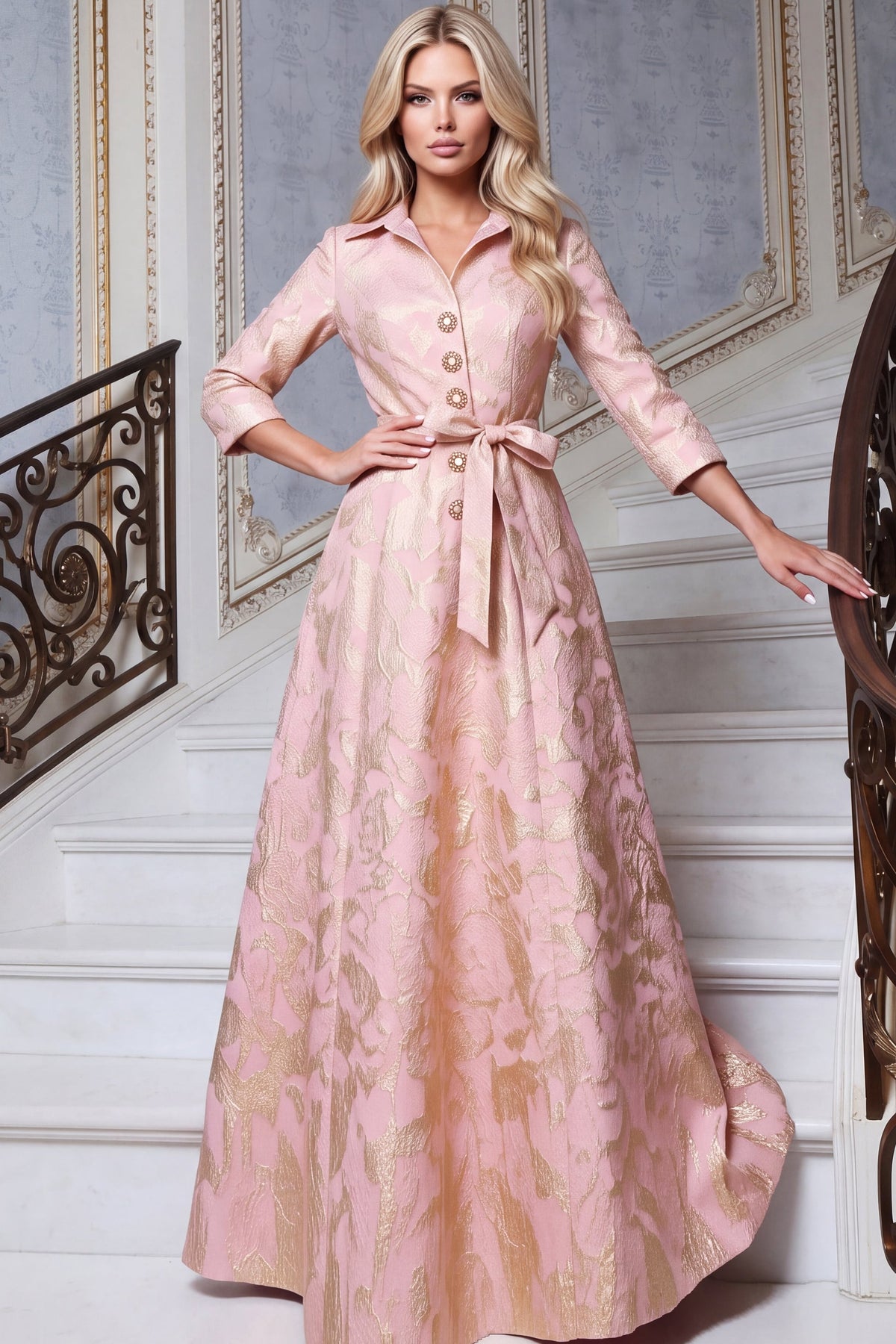 Jovani Evening Dress Jovani 52090 Collared Brocade Shirt Gown With Crystal Buttons
