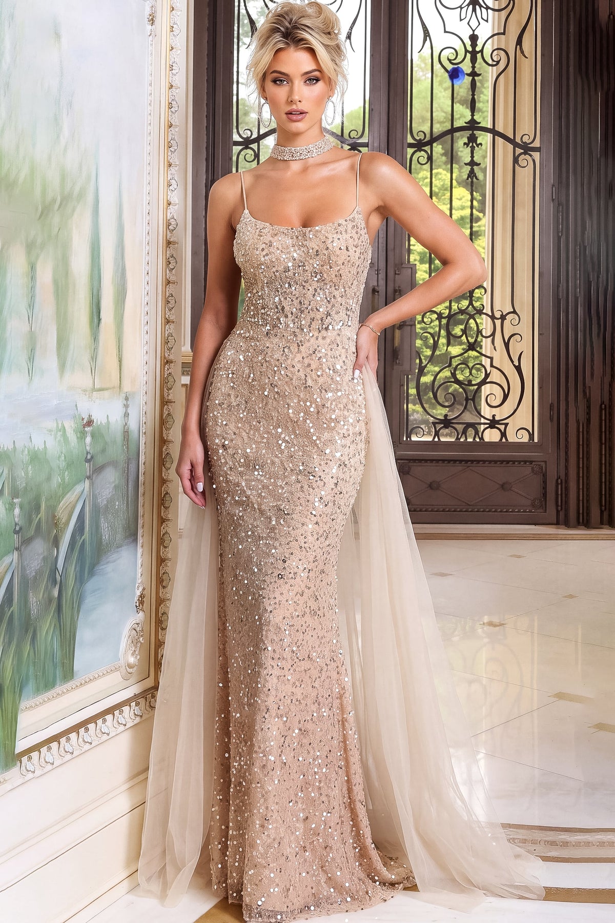 Jovani Evening Dress Jovani 52196 Spaghetti Strap Sequin Cape Column Gown