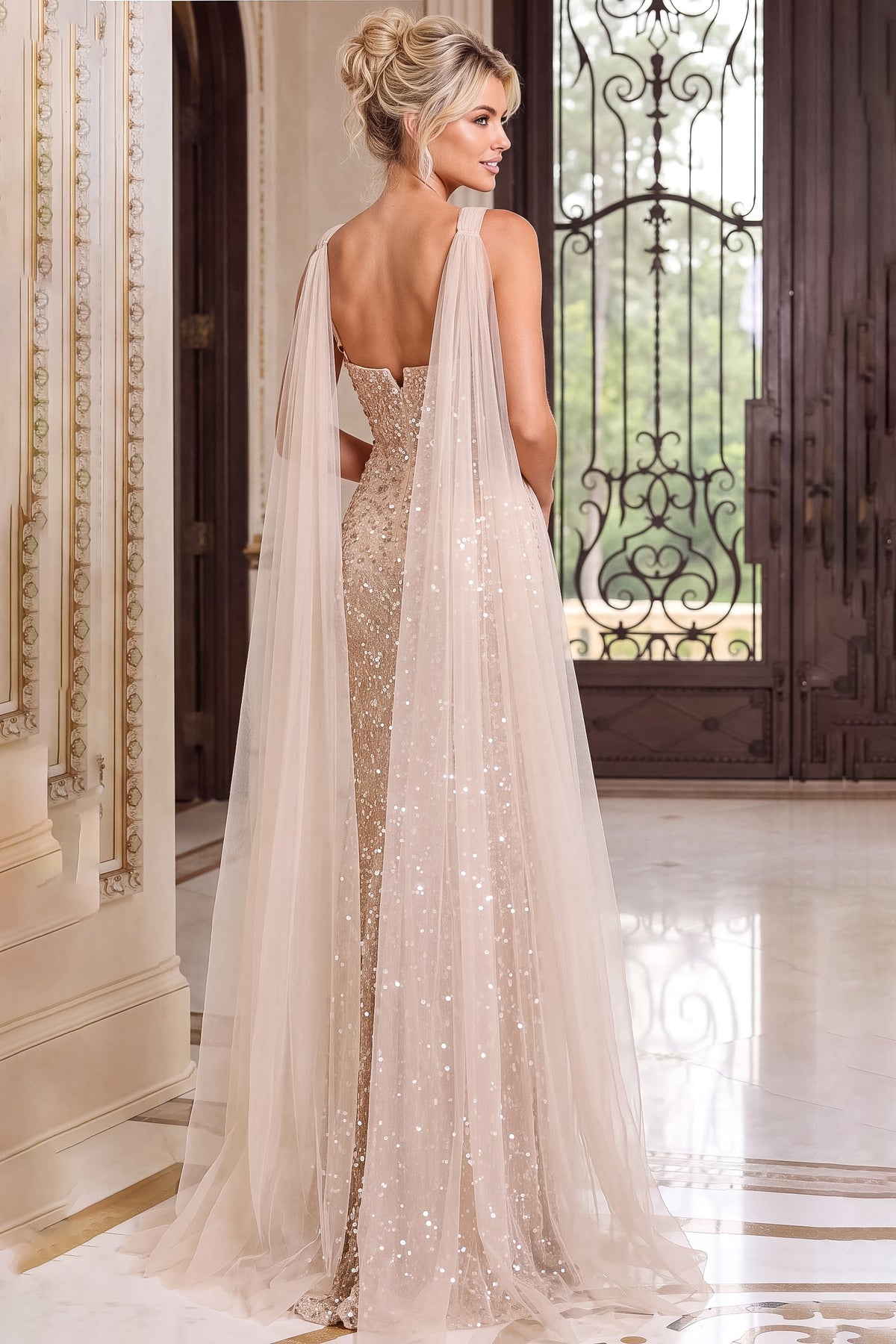 Jovani Evening Dress Jovani 52196 Spaghetti Strap Sequin Cape Column Gown