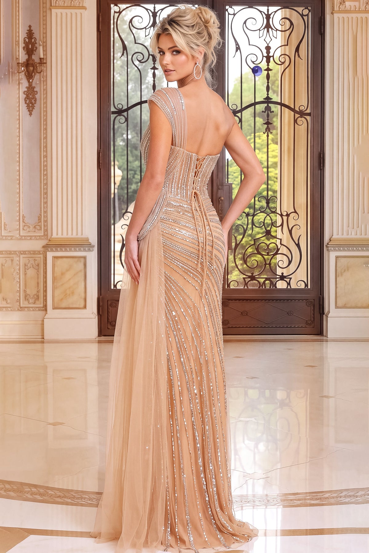 Jovani Evening Dress Jovani 52230 Asymmetric Illusion Beaded Column Gown