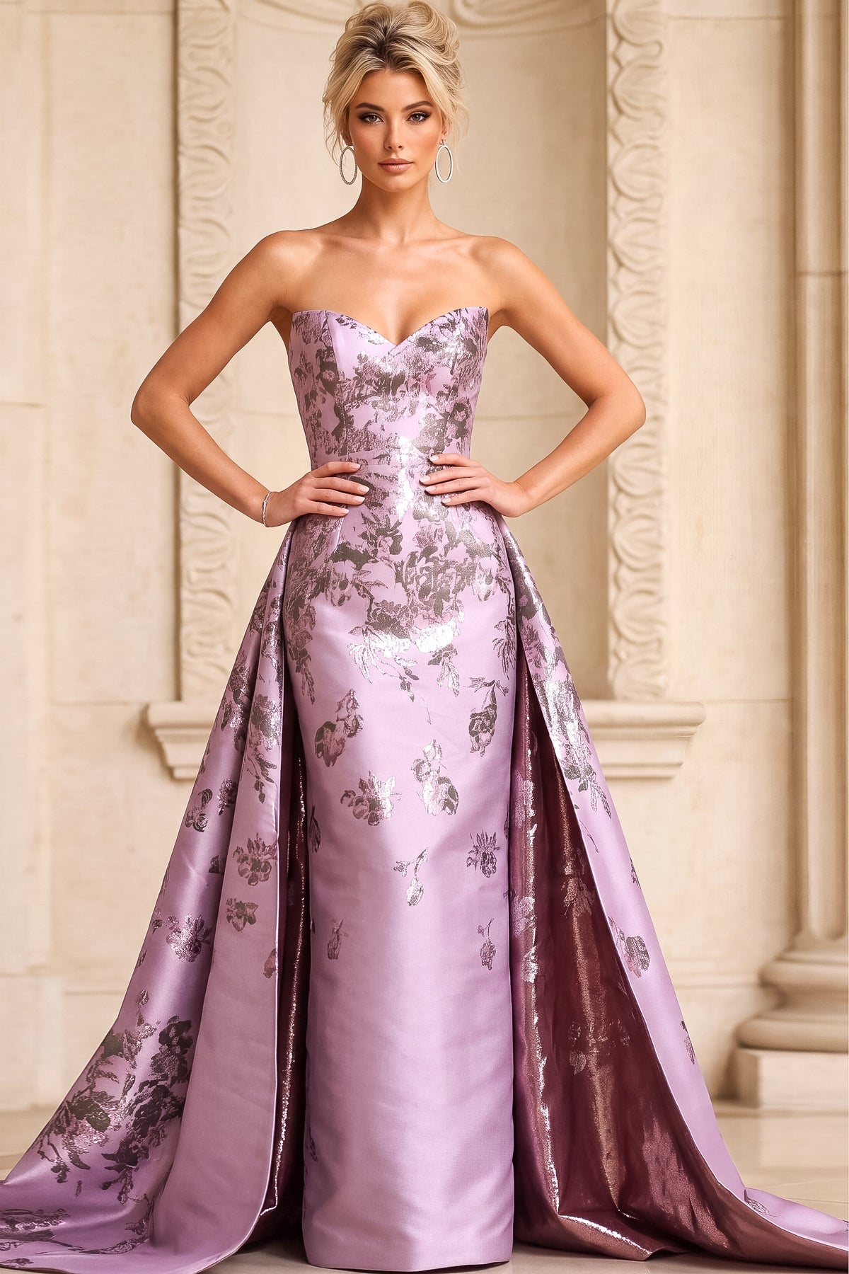Jovani Evening Dress Jovani 52387 Strapless Metallic Floral Overskirt Column Gown