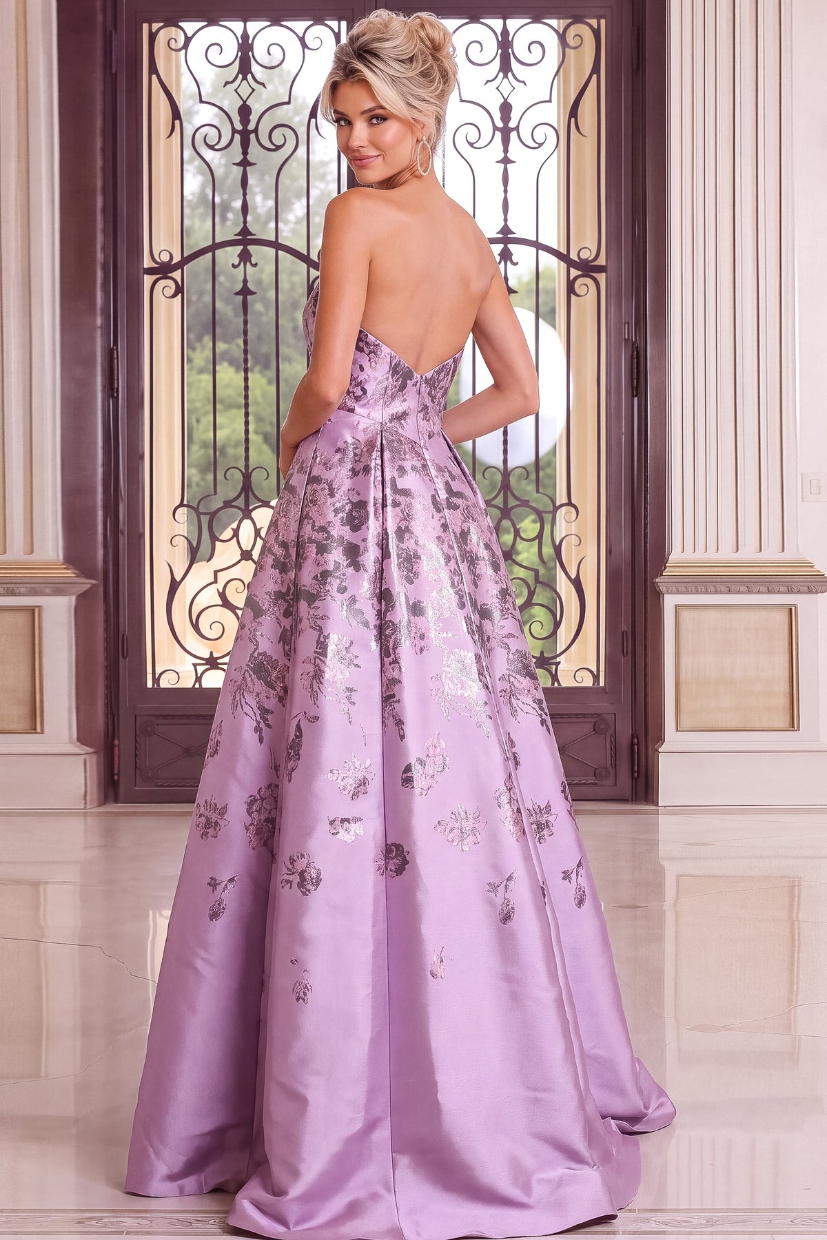 Jovani Evening Dress Jovani 52387 Strapless Metallic Floral Overskirt Column Gown