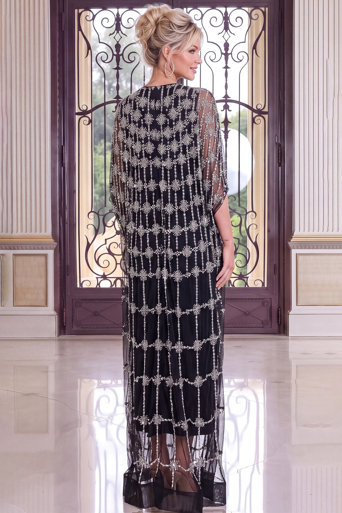 Jovani Evening Dress Jovani 52446 Black High Collar Beaded Kaftan Gown