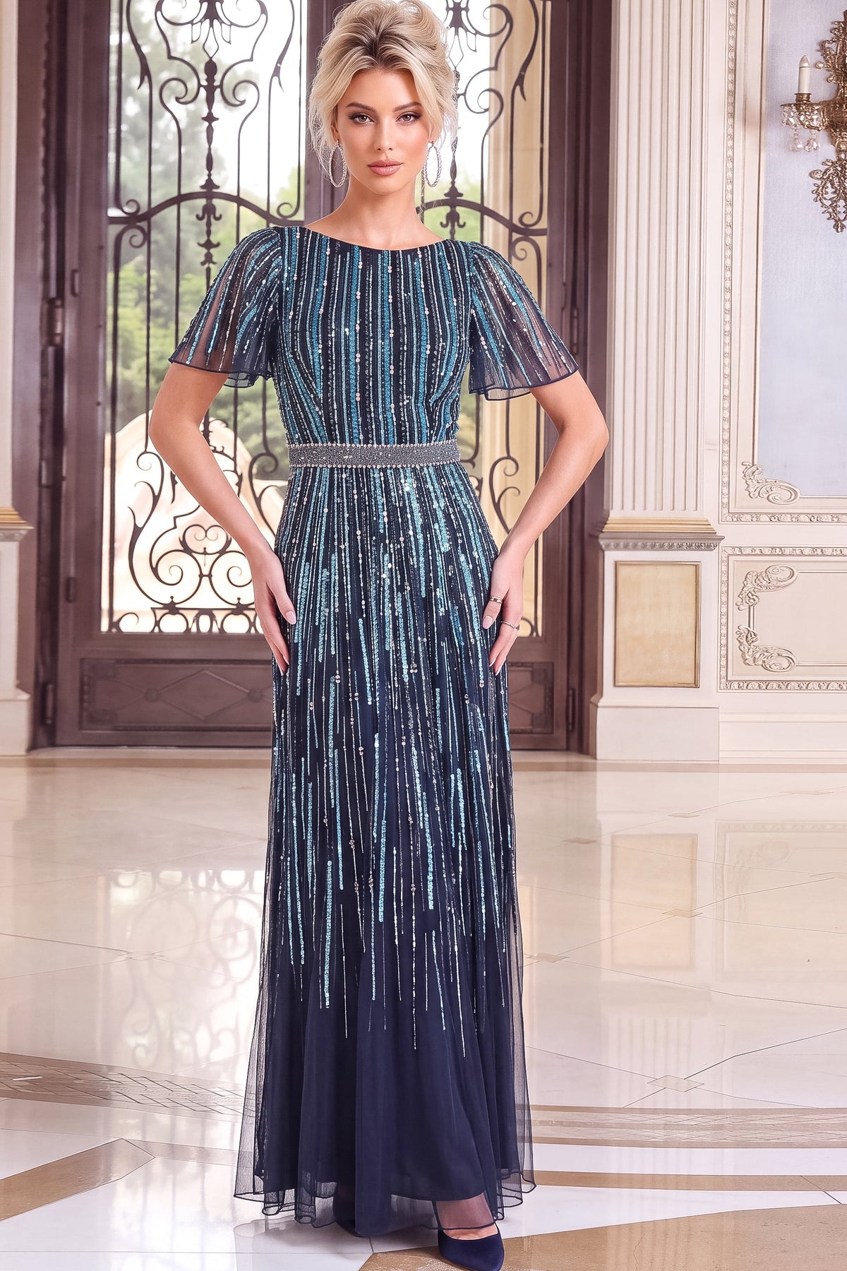Jovani Evening Dress Jovani 52501 Boat Neck Beaded Stripes Column Gown
