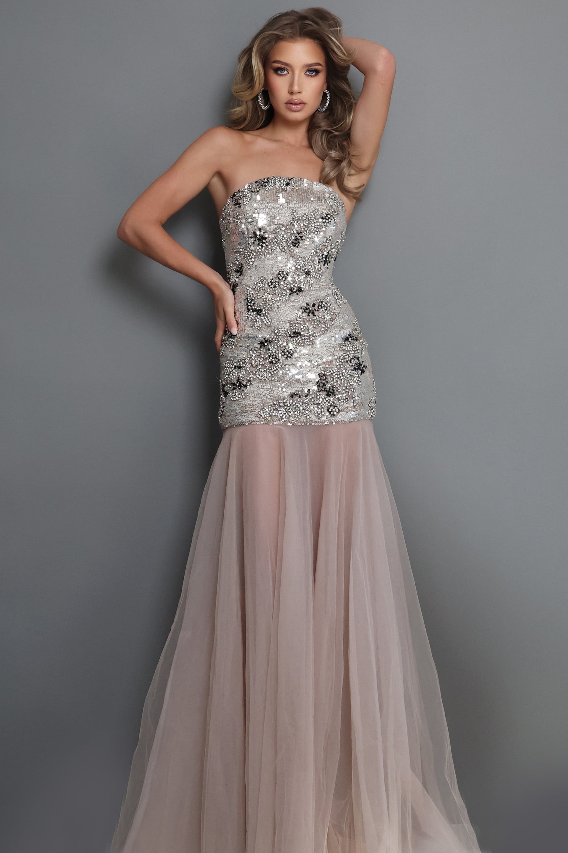 Jovani Evening Dress Jovani 52538 Strapless Embellished Mermaid Gown with Tulle Skirt -
