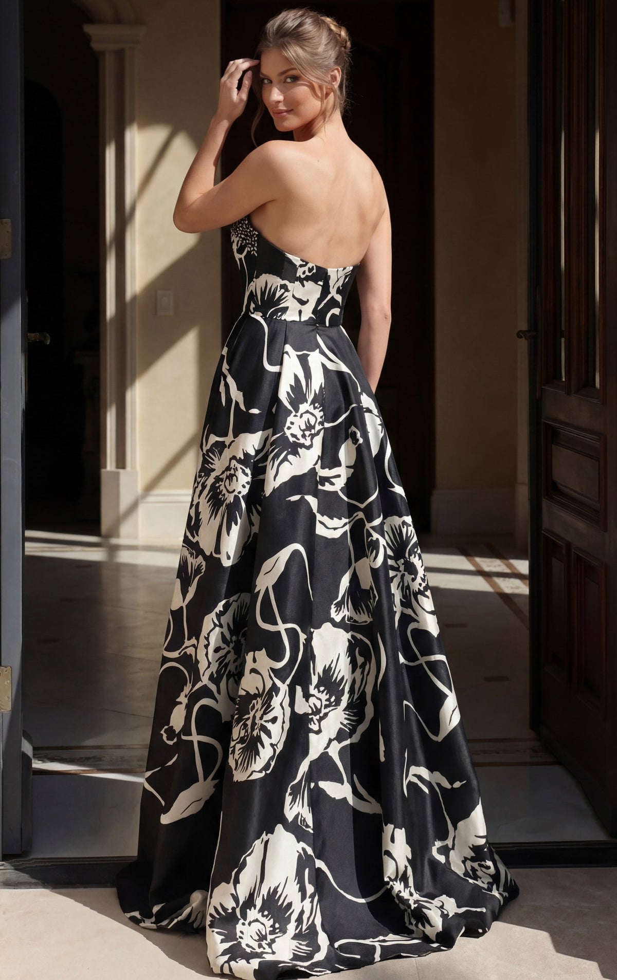 Jovani Evening Dress Jovani 52665 Black White Floral Print Strapless A Line Ball Gown