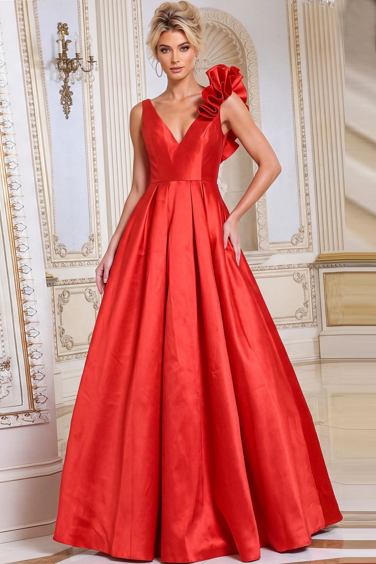 Jovani Evening Dress Jovani 53137 V-Neck One-Shoulder Ruffle A-Line Gown