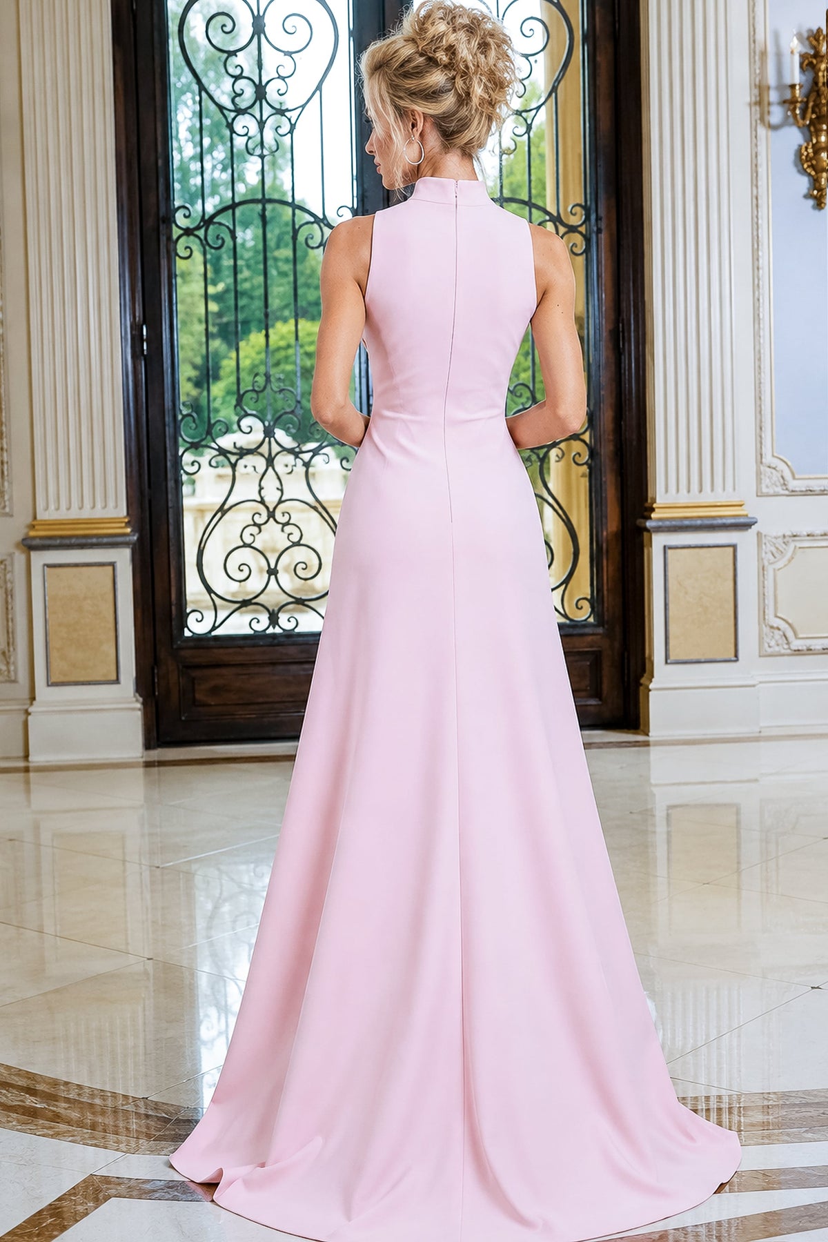Jovani Evening Dress Jovani 53166 Blush Pink Mock Neck Draped Slit Column Jumpsuit