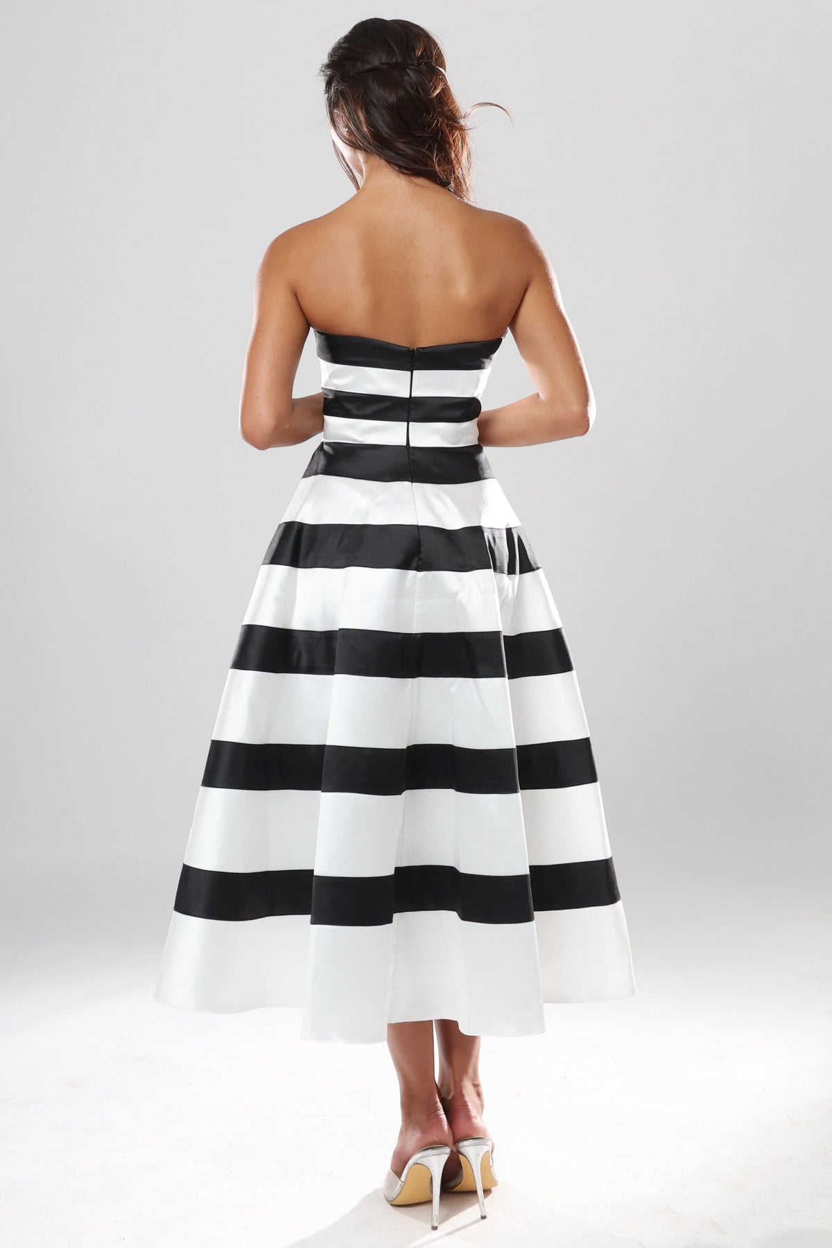 Jovani Evening Dress Jovani 53462 Black And White Strapless Striped A-Line Midi Dress