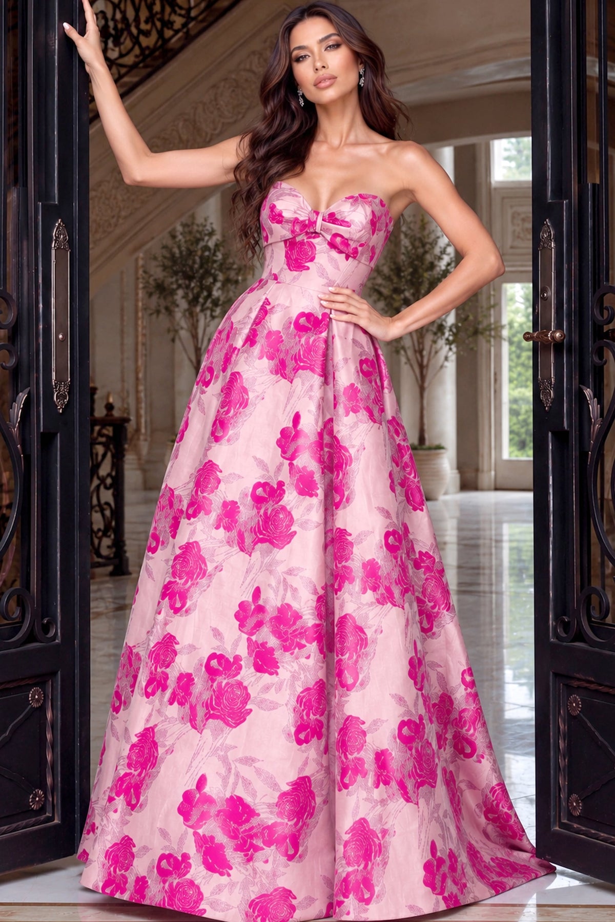 Jovani Evening Dress Jovani 53509 Sweetheart Bow Front Brocade Ball Gown