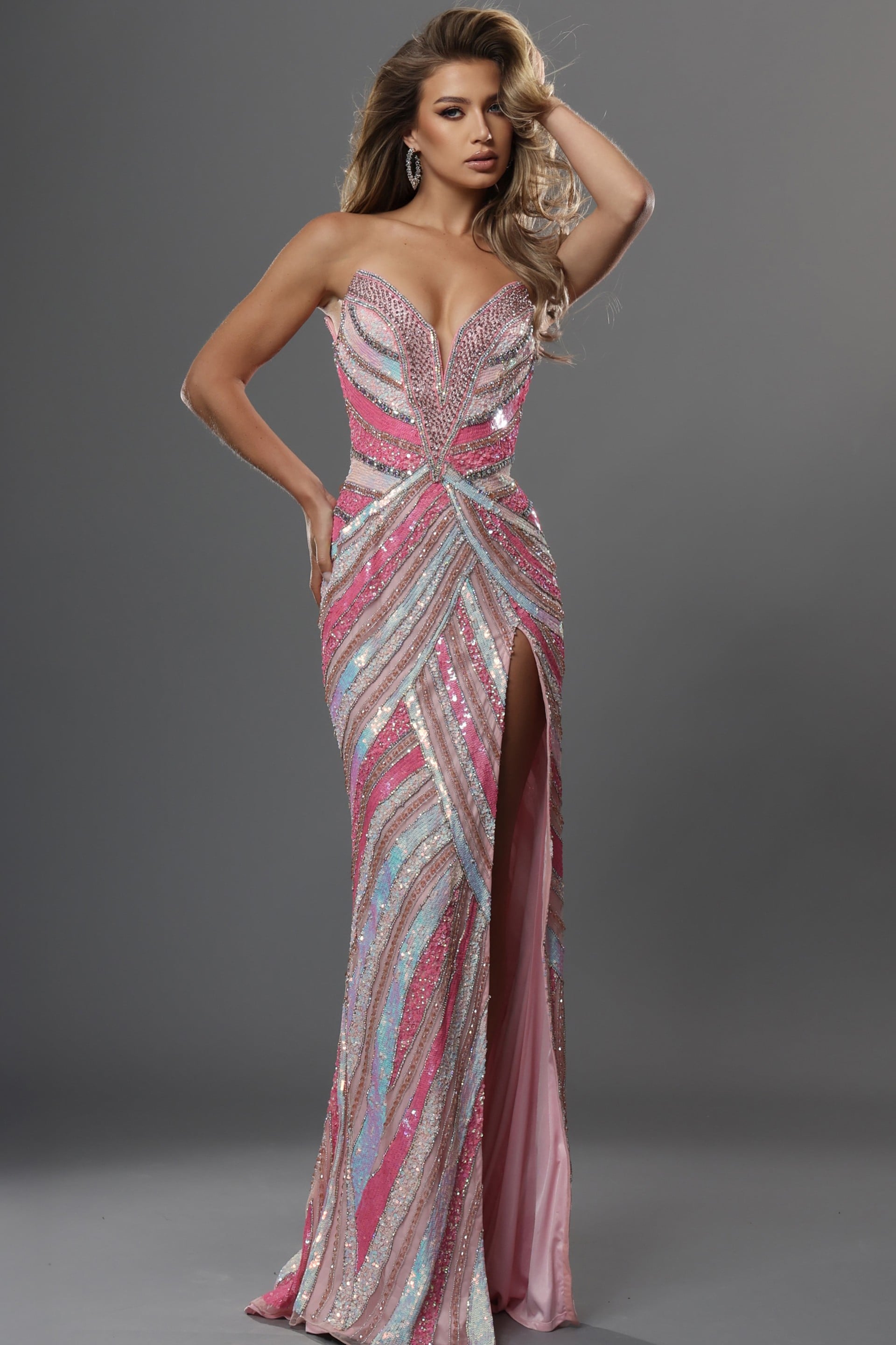 Jovani Evening Dress Jovani 53775 V Neckline Sequin Stripes High Slit Sheath Gown