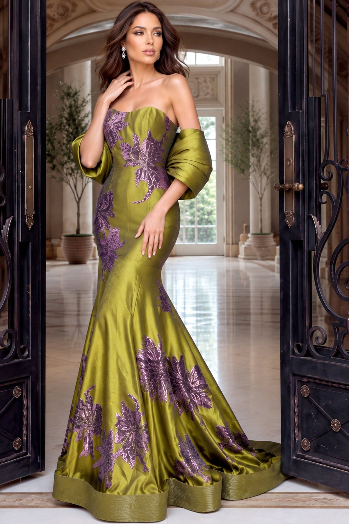Jovani Evening Dress Jovani 54041 Floral Appliqued Mikado Mermaid Gown