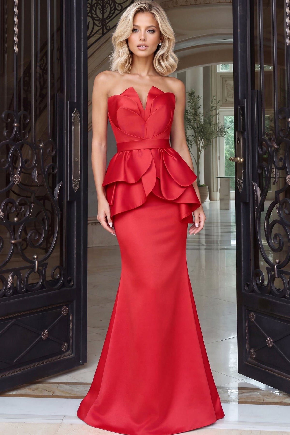 Jovani Evening Dress Jovani 54275 Folded Petal Bodice Peplum Mermaid Gown