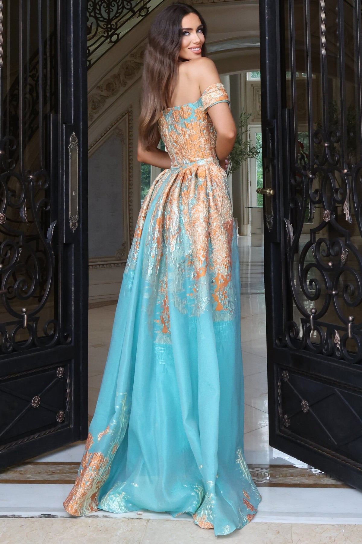 Jovani Evening Dress Jovani 54381 Off The Shoulder Metallic Jacquard Mermaid Gown