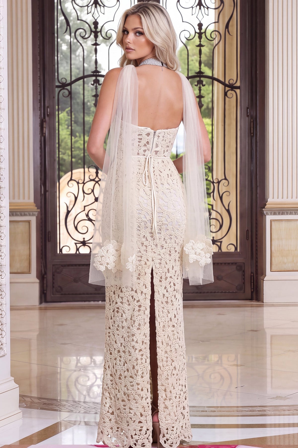 Jovani Evening Dress Jovani 54573 Ivory Crochet Strapless Column Gown