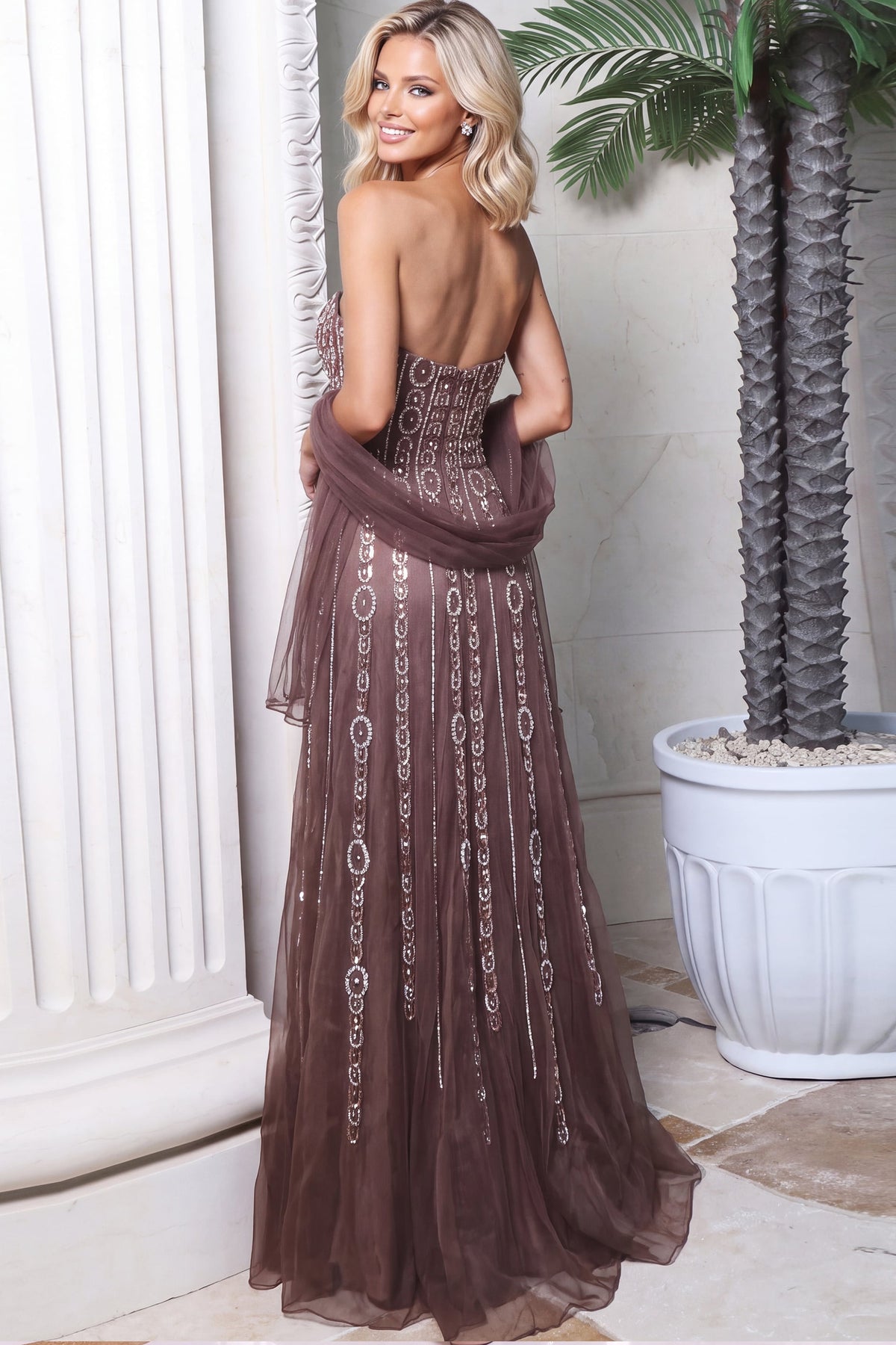 Jovani Evening Dress Jovani 54895 Beaded Medallion Stripe Tulle Ball Gown