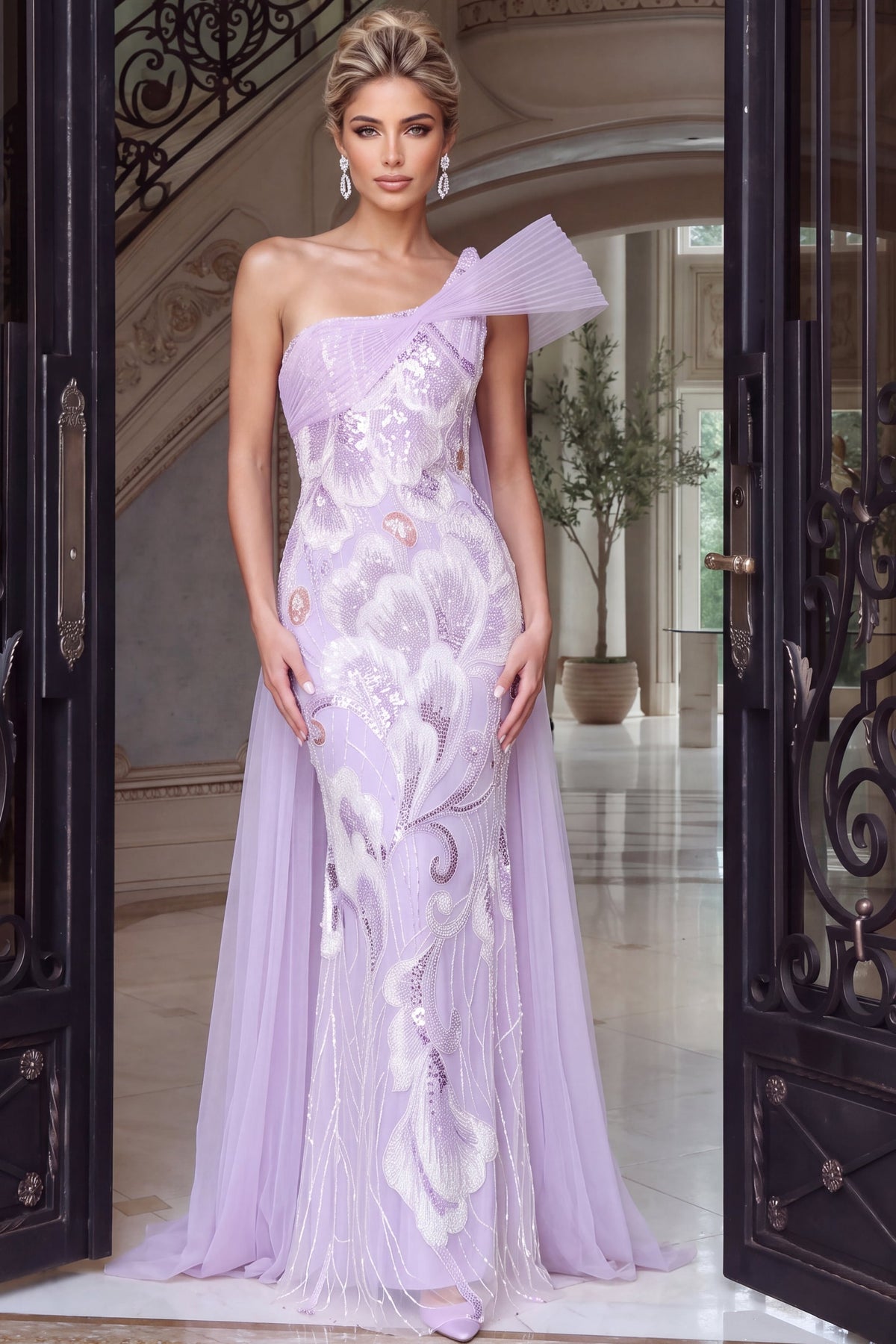 Jovani Evening Dress Jovani 55109 One Shoulder Floral Sequin Mermaid Gown