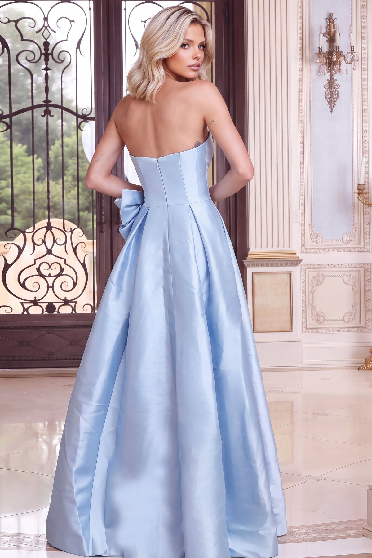 Jovani Evening Dress Jovani 55121 Strapless Ball Gown With Rosette Waist And Back Bow