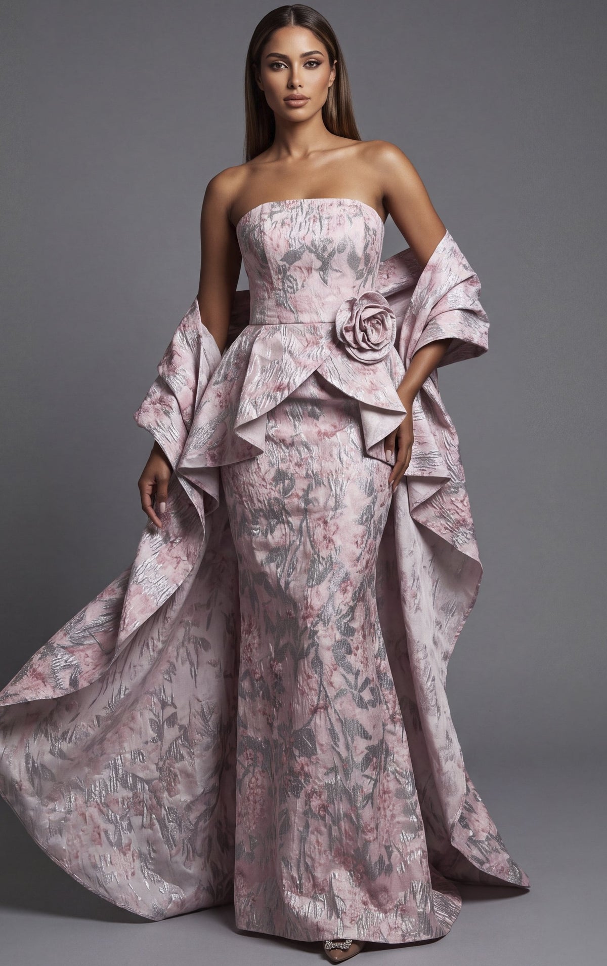 Jovani Evening Dress Jovani 55659 Blush Floral Strapless Peplum Column Gown