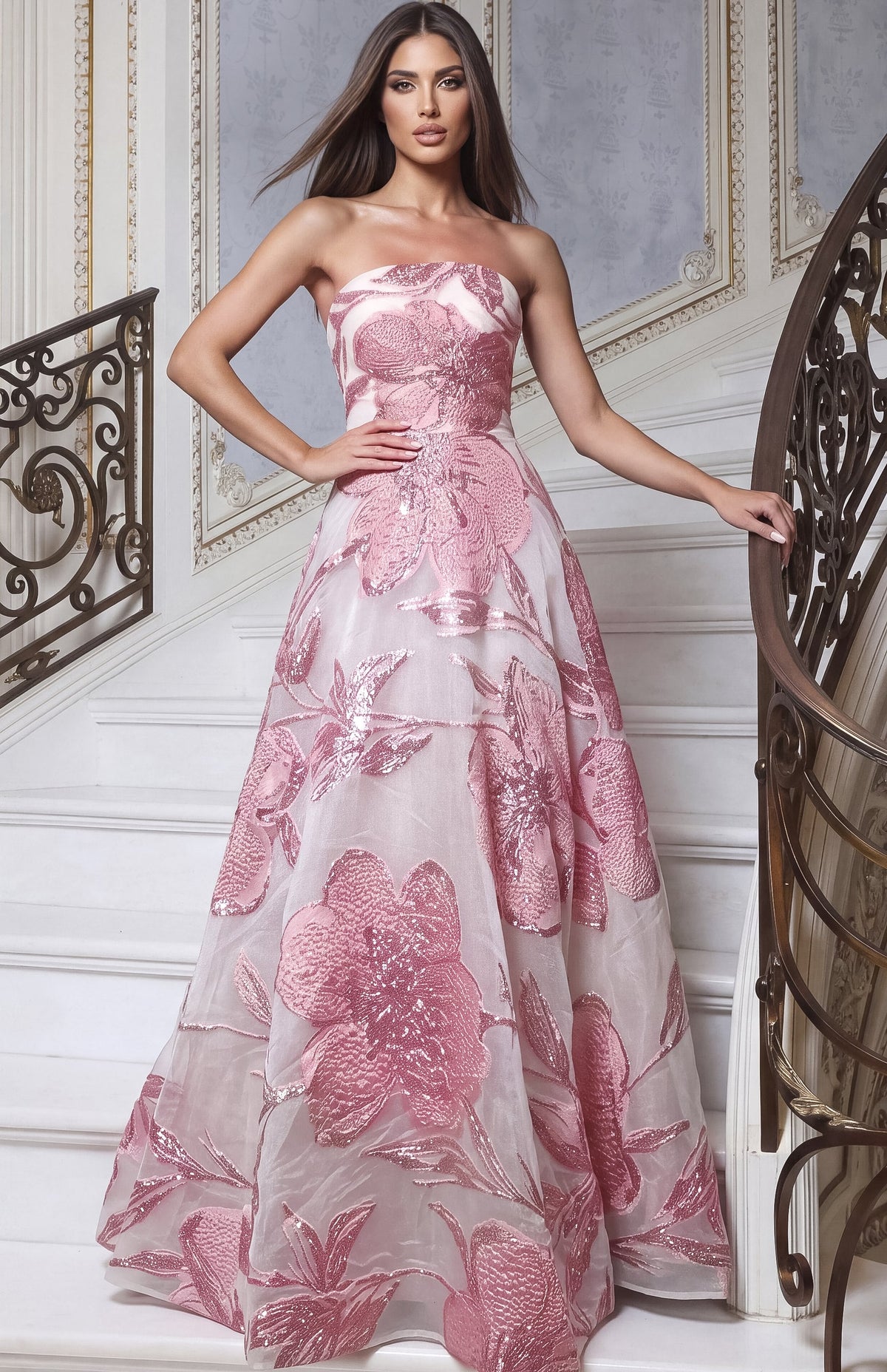 Jovani Evening Dress Jovani 55687 Strapless Sequin Floral A Line Evening Gown