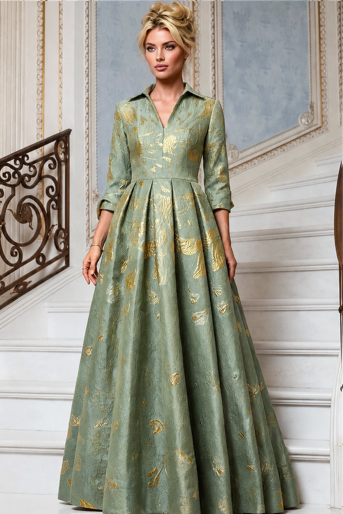 Jovani Evening Dress Jovani 55735 V-Neck Gold Pattern Ball Gown