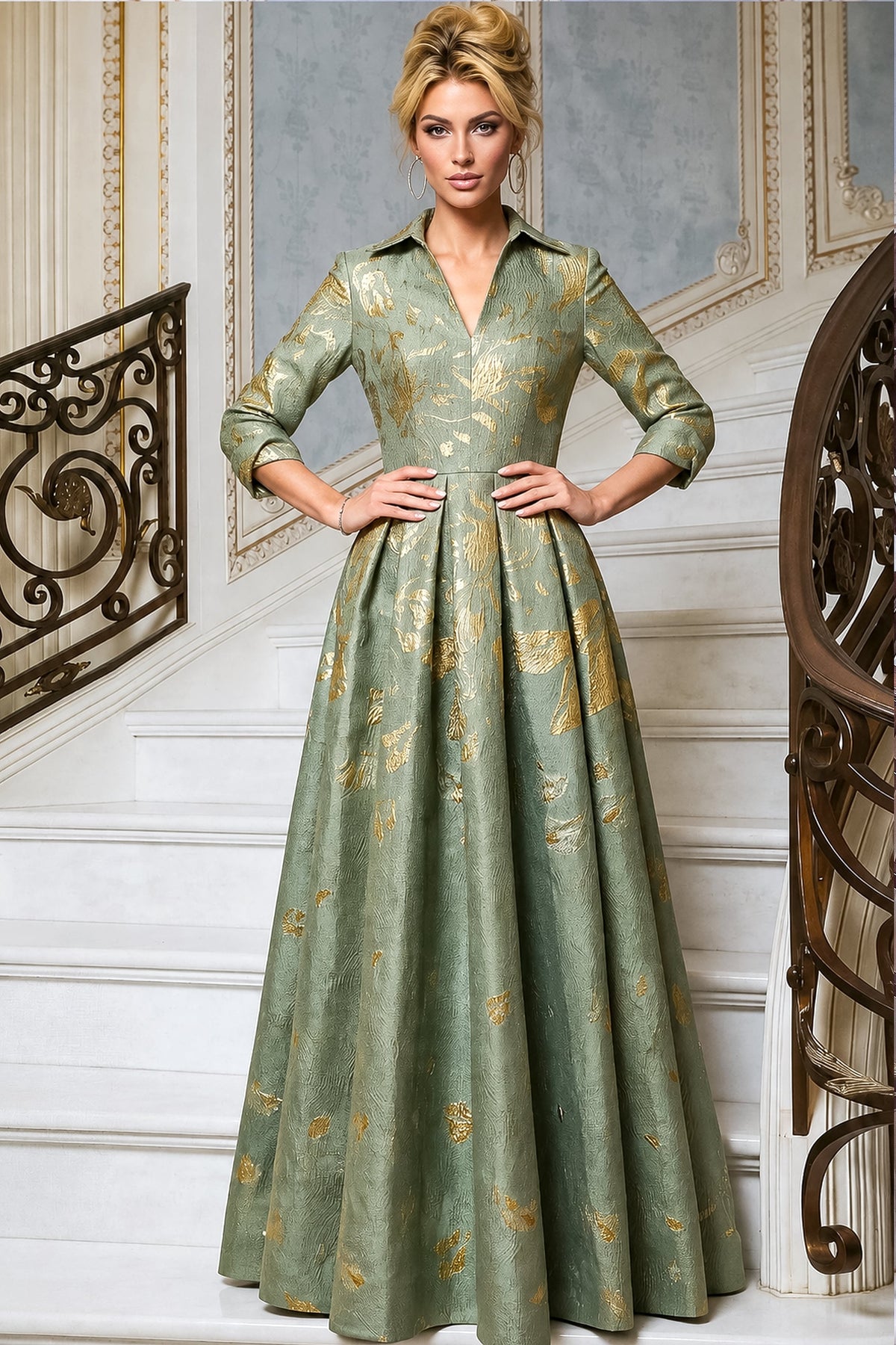 Jovani Evening Dress Jovani 55735 V-Neck Gold Pattern Ball Gown