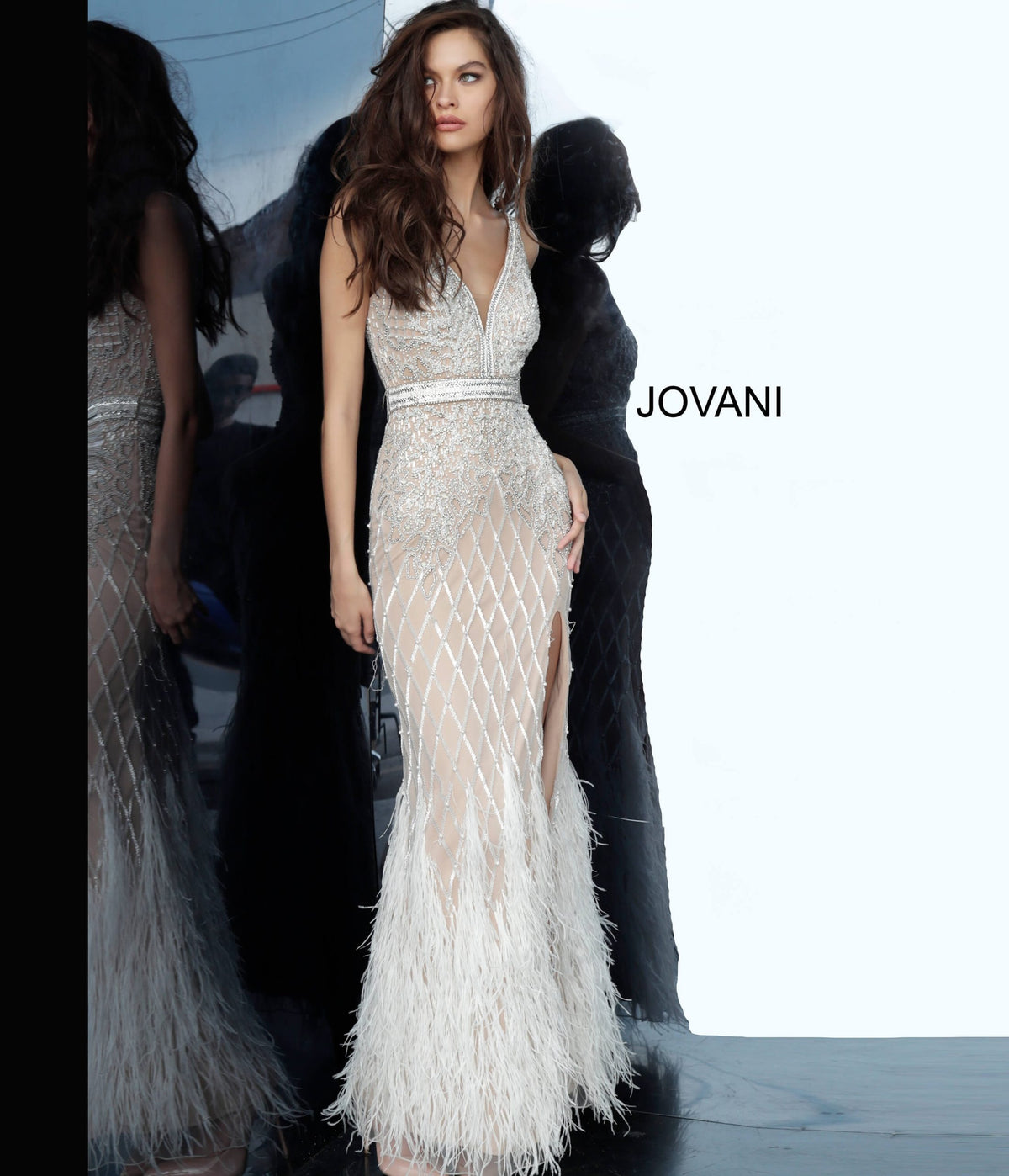 Jovani Evening Dress Jovani 55796 Ivory Embellished V Neck Fitted Dress