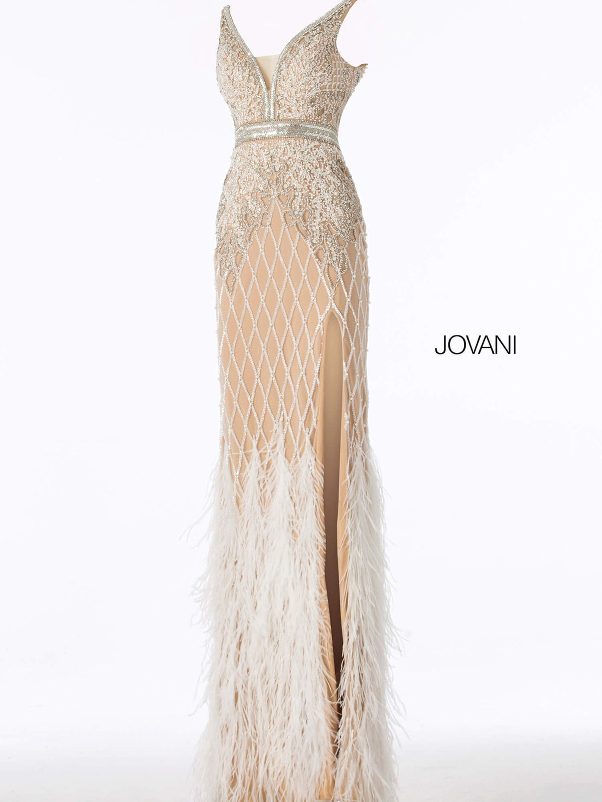 Jovani Evening Dress Jovani 55796 Ivory Embellished V Neck Fitted Dress