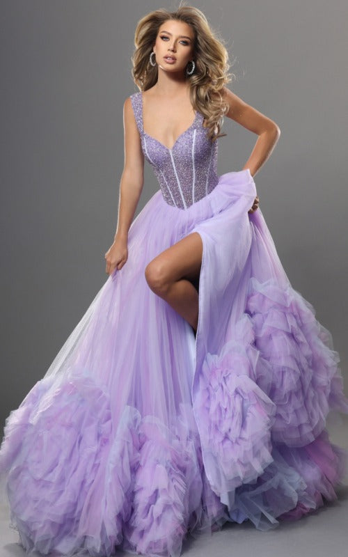 Jovani Evening Dress Lilac Purple Beaded Bodice Sweetheart Ruffled Gown - Jovani 46871