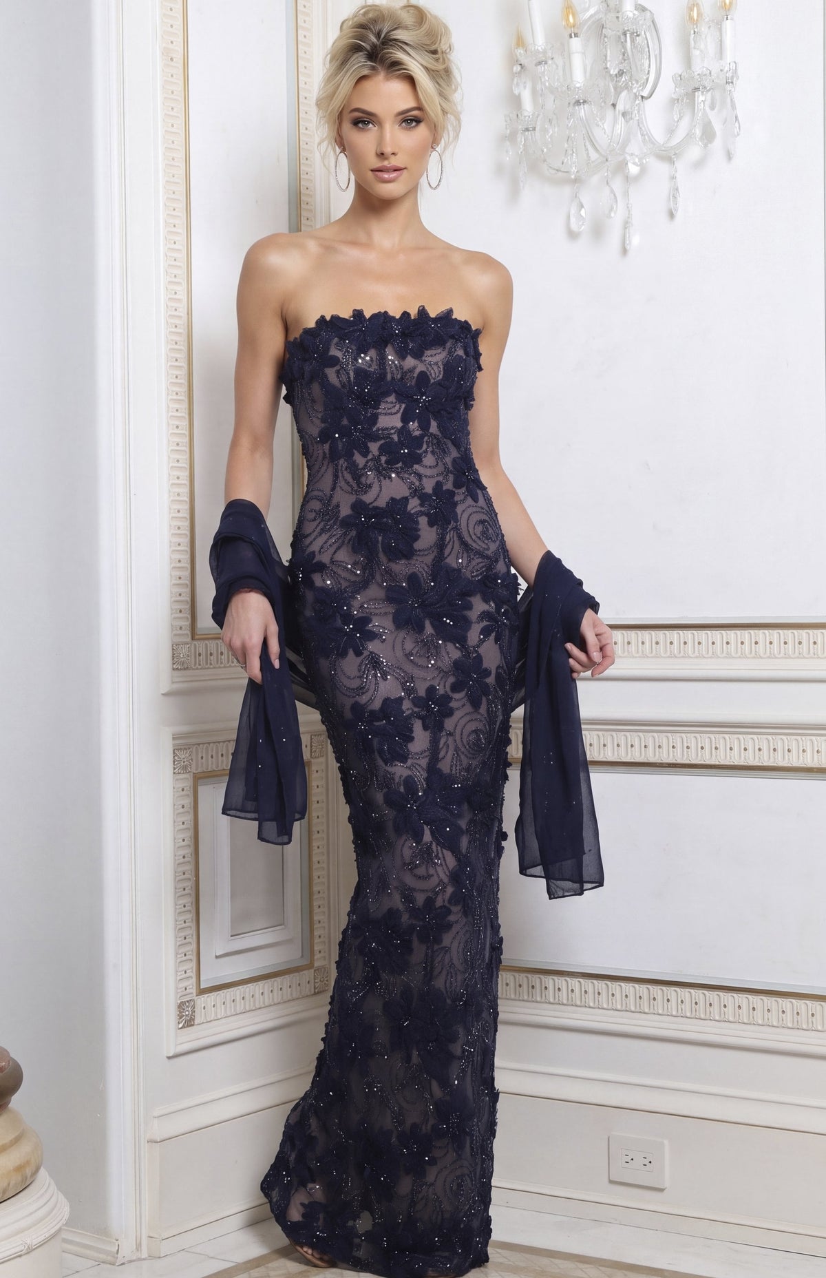 Jovani Evening Dress Navy Blue Strapless Floral Beaded Column Gown - Jovani 52018
