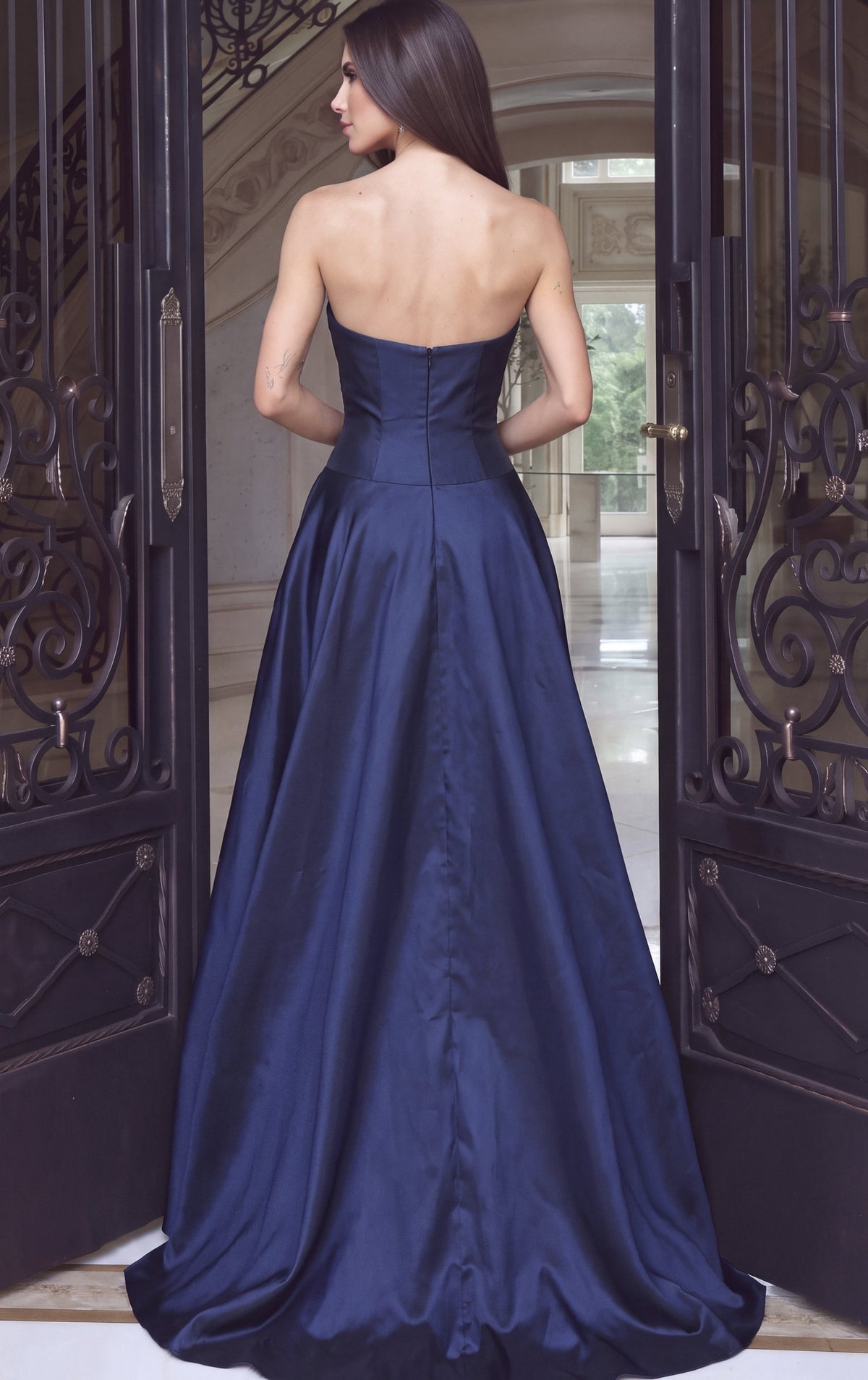 Jovani Evening Dress Navy Blue Strapless Floral Detail A-Line Gown - Jovani 53464