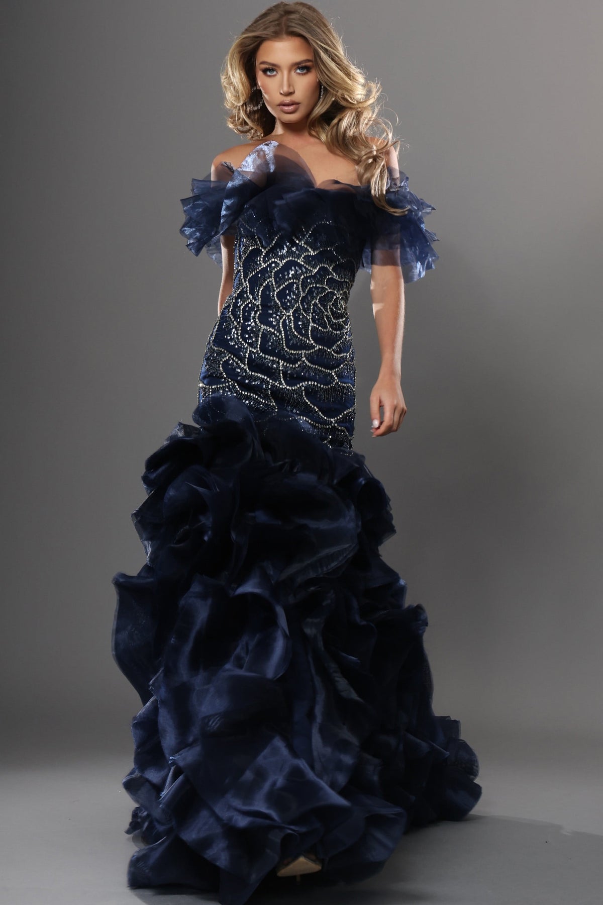 Jovani Evening Dress Navy Off Shoulder Ruffle Beaded Bodice Dress - Jovani 48991
