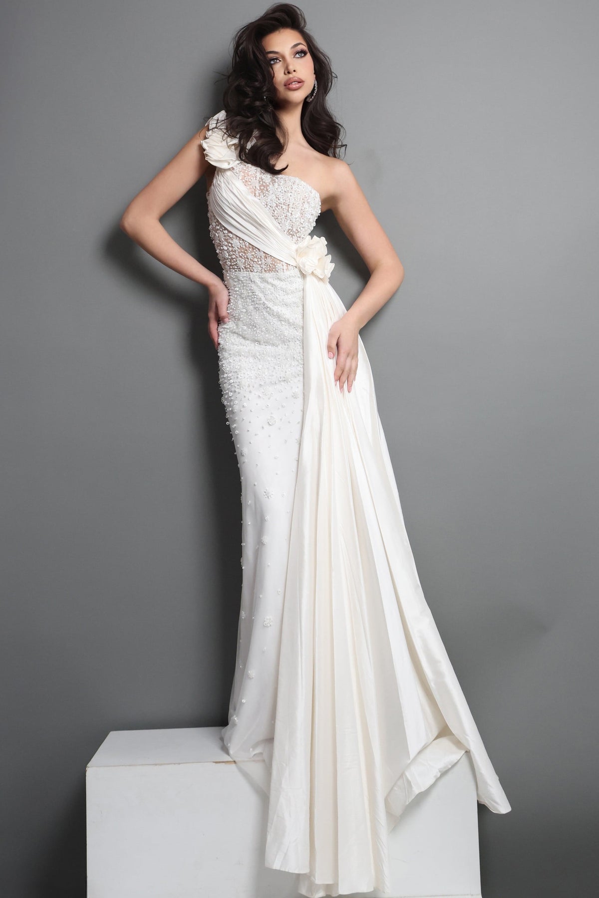 Jovani Evening Dress Off White Illusion Bodice Beaded High Slit Dress - Jovani 48769