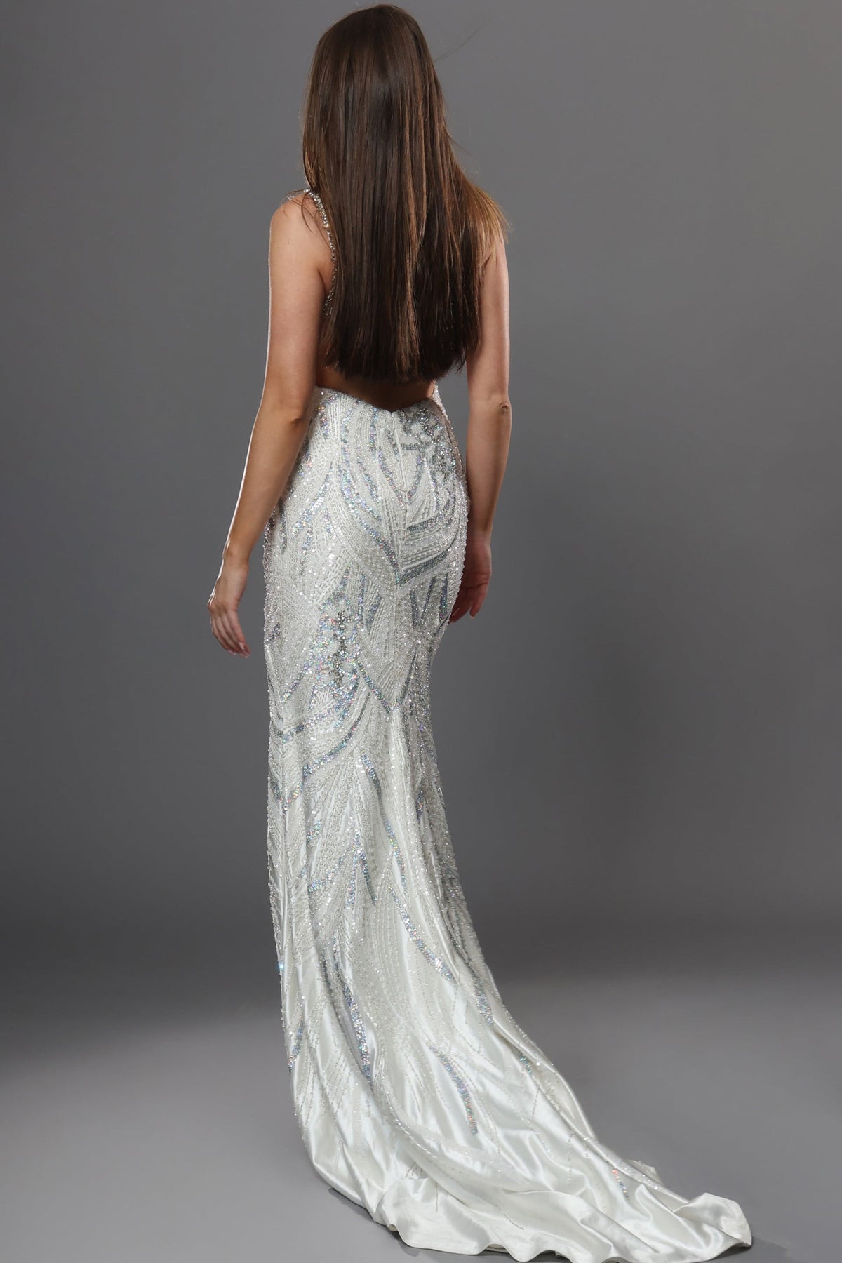 Jovani Evening Dress Off White V Neck Cutouts Sequined Dress - Jovani 43074
